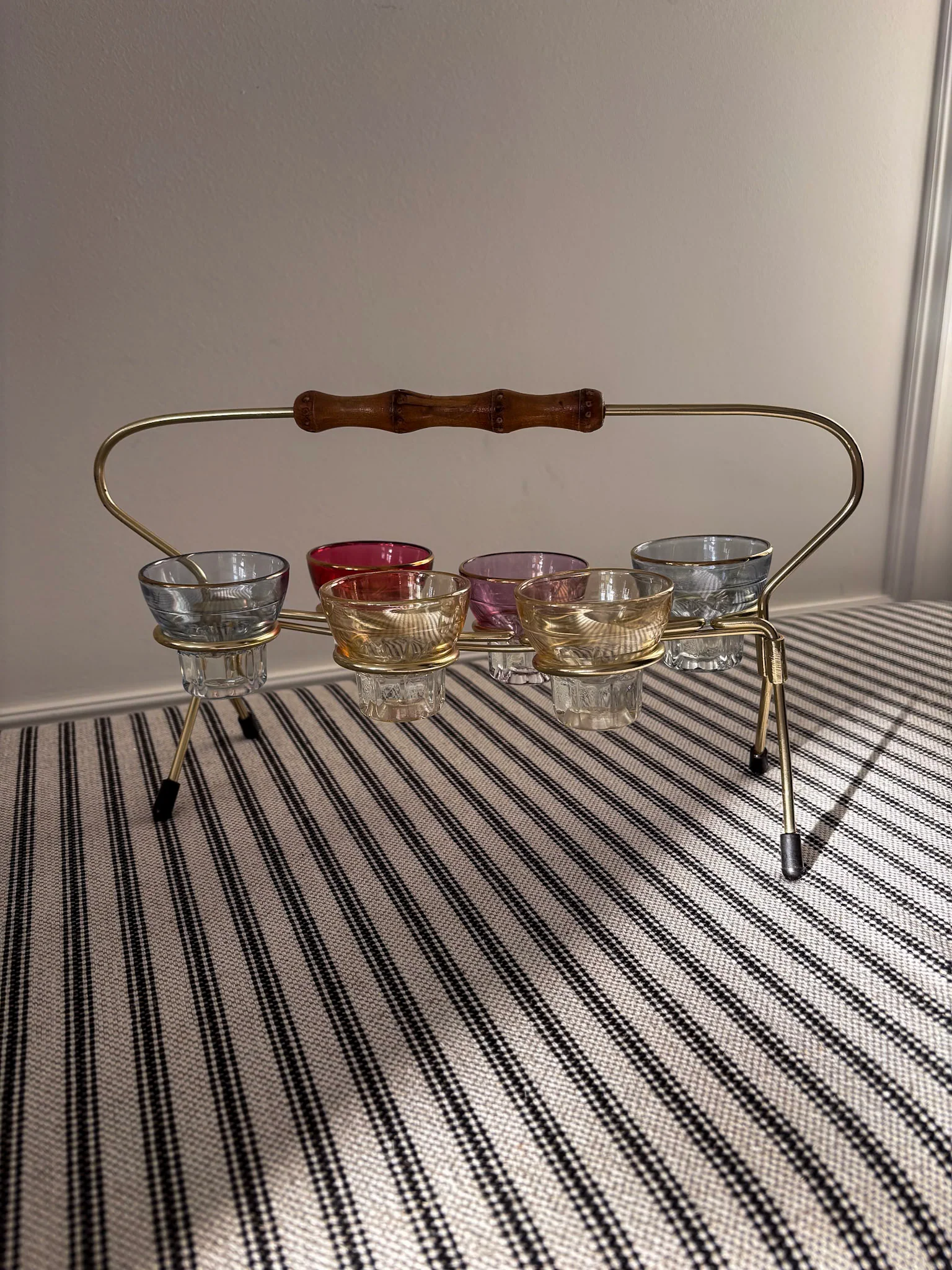 1950s Harlequin Shot Glass Set with Caddy & Bamboo Handle