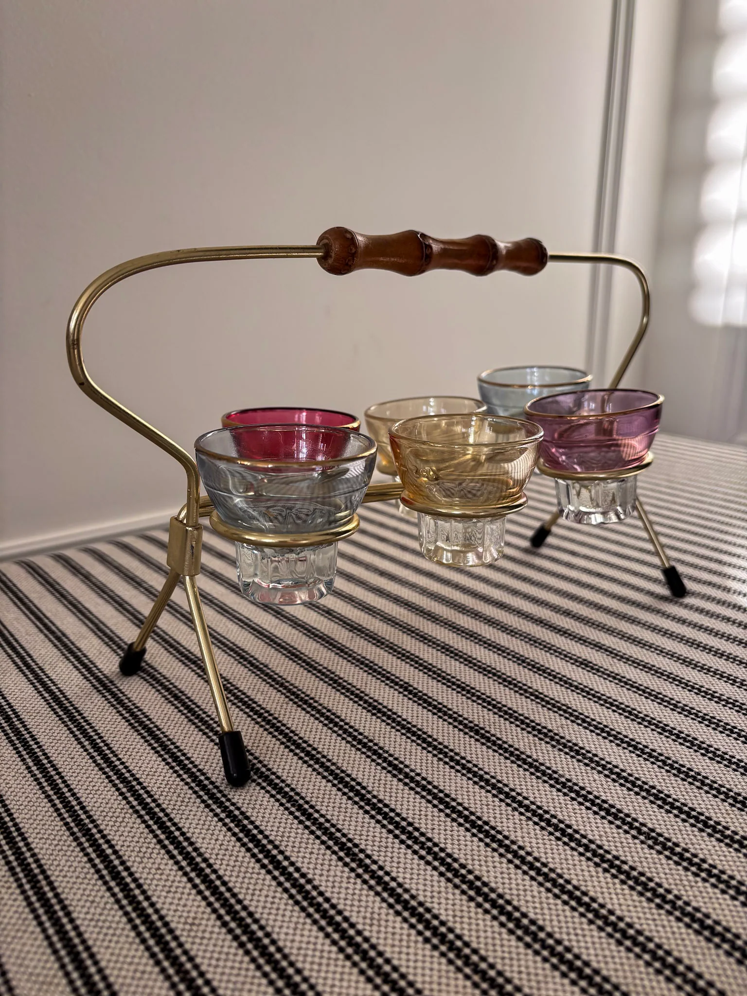 1950s Harlequin Shot Glass Set with Caddy & Bamboo Handle - Image 2