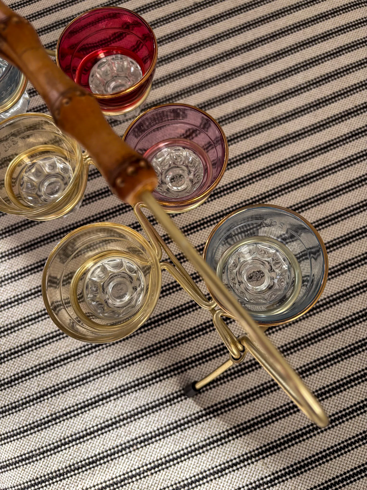 1950s Harlequin Shot Glass Set with Caddy & Bamboo Handle - Image 3