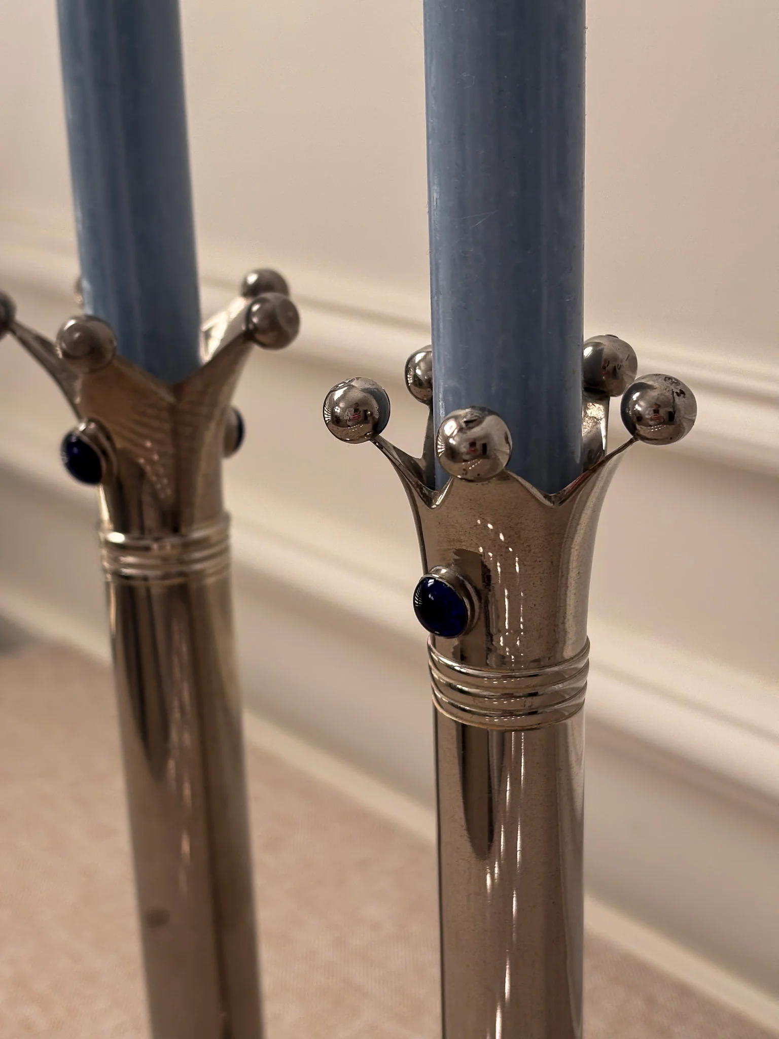 Chrome Jester Crown Candlesticks with Blue Cabochon Detail, Sculptural Taper Candle Holders (Pair) - Image 3