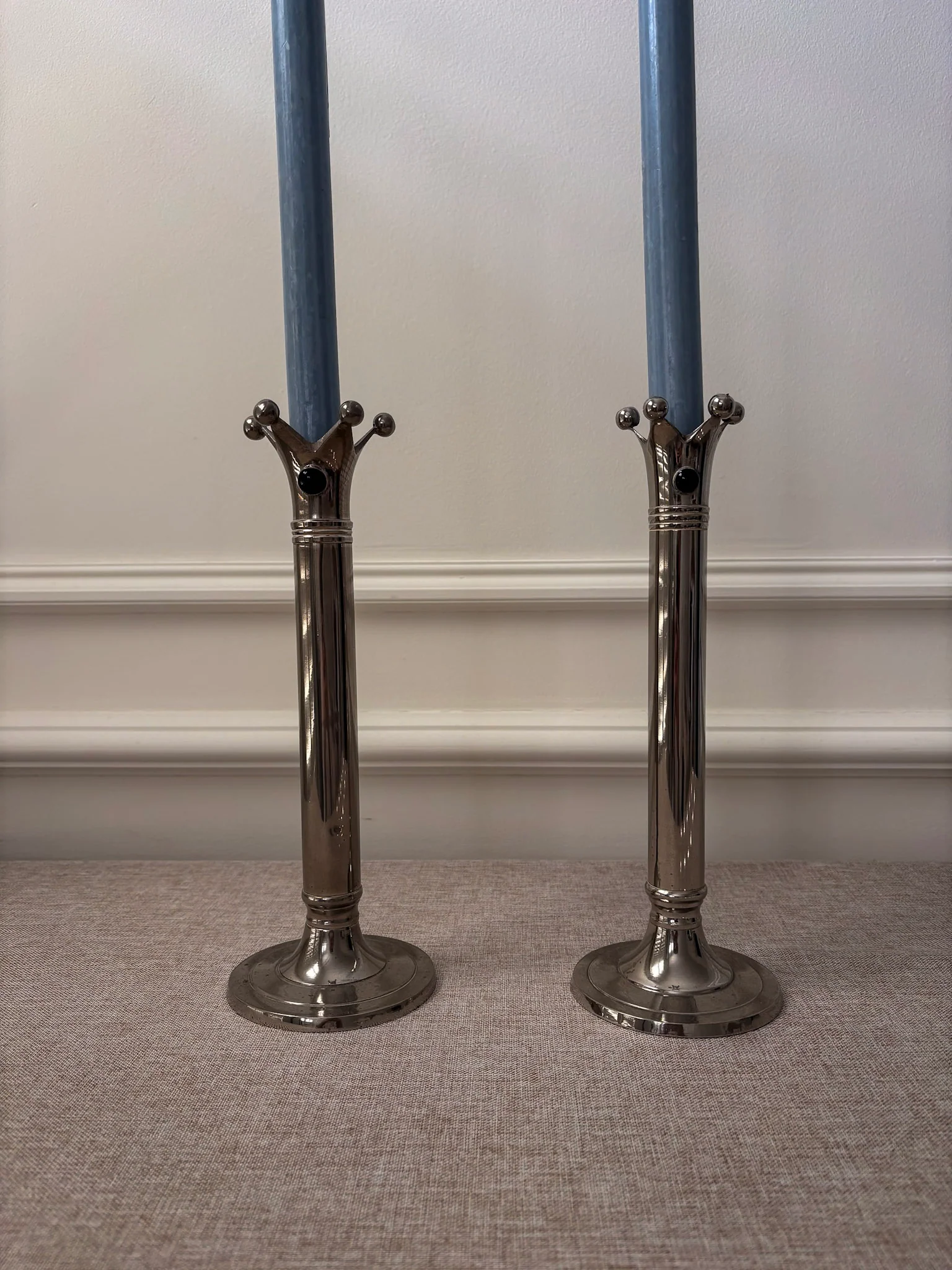 Chrome Jester Crown Candlesticks with Blue Cabochon Detail, Sculptural Taper Candle Holders (Pair) - Image 4