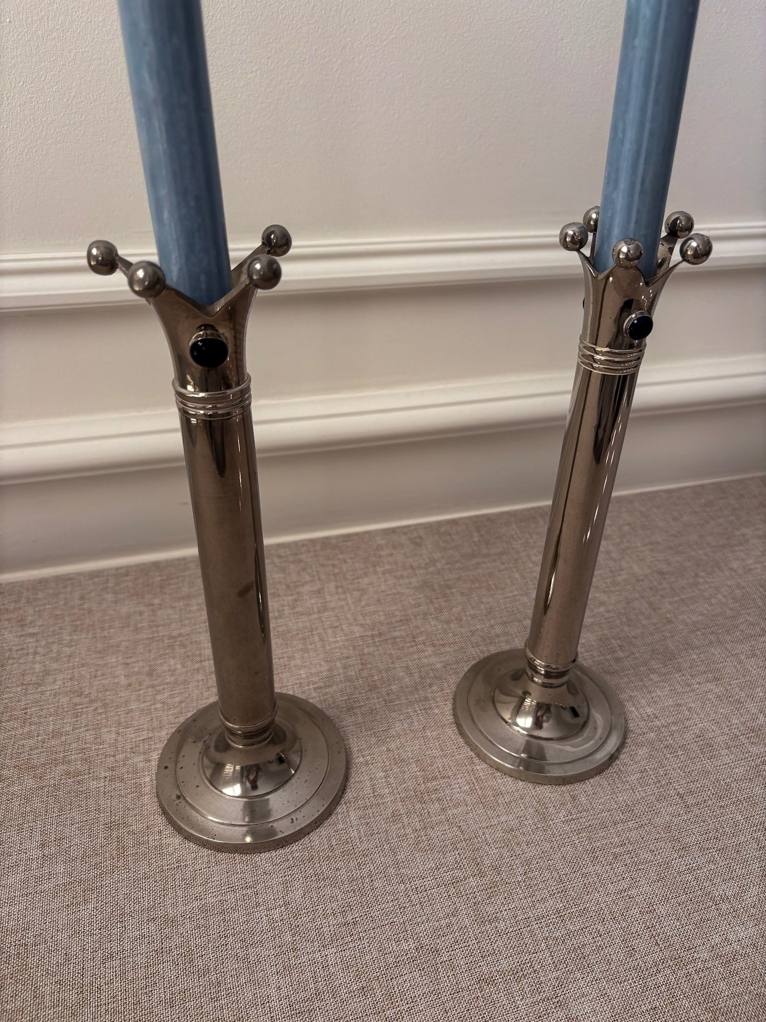 Chrome Jester Crown Candlesticks with Blue Cabochon Detail, Sculptural Taper Candle Holders (Pair) - Image 5