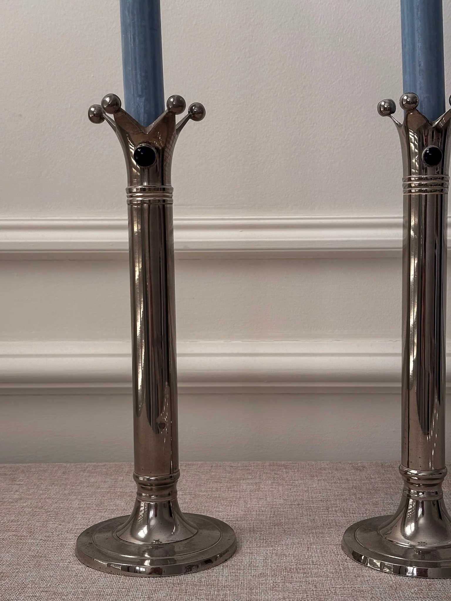 Chrome Jester Crown Candlesticks with Blue Cabochon Detail, Sculptural Taper Candle Holders (Pair) - Image 6