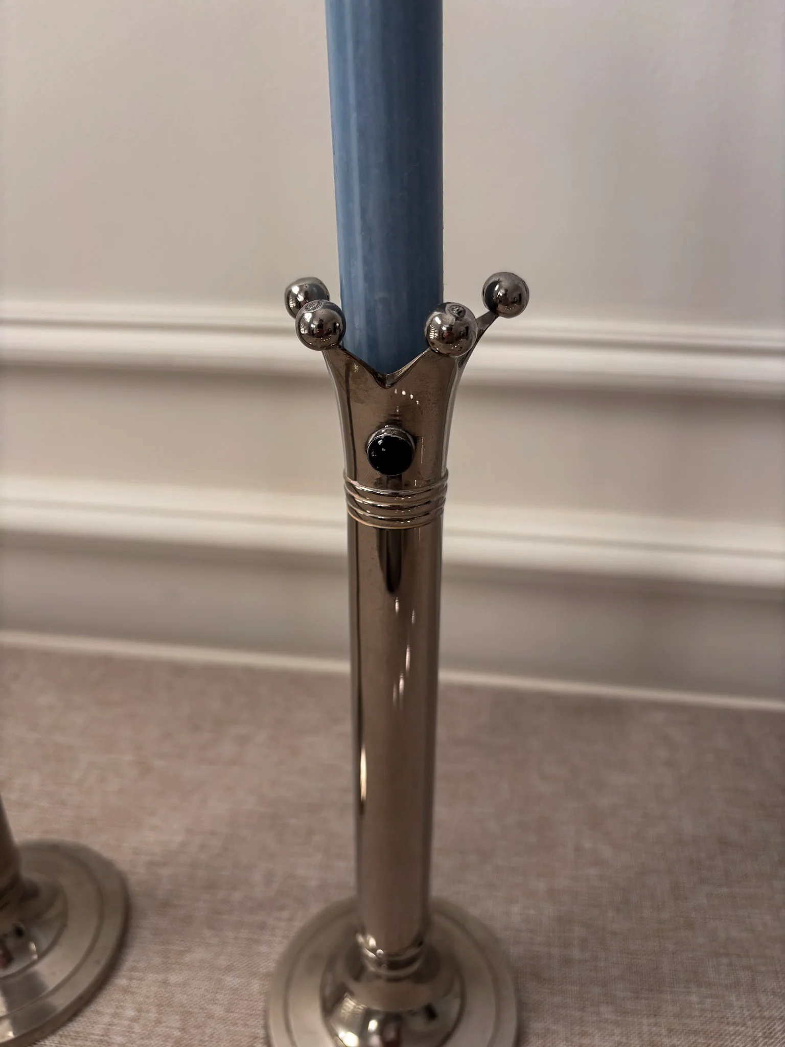 Chrome Jester Crown Candlesticks with Blue Cabochon Detail, Sculptural Taper Candle Holders (Pair) - Image 7