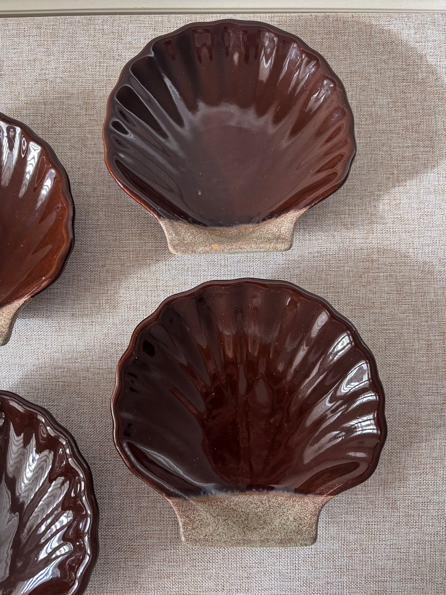 French Ceramic Scallop Shell Dishes - Brown Glaze - Image 4