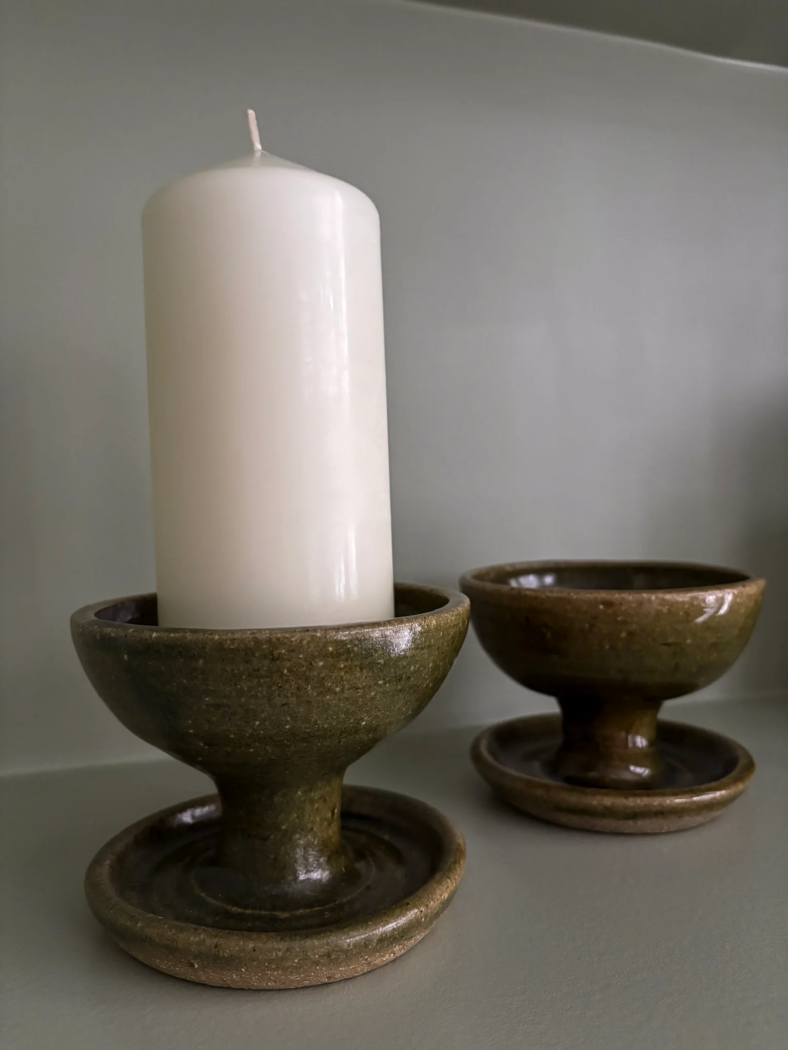 Mid-Century Olive Glazed Pedestal Candle Holders - Image 14