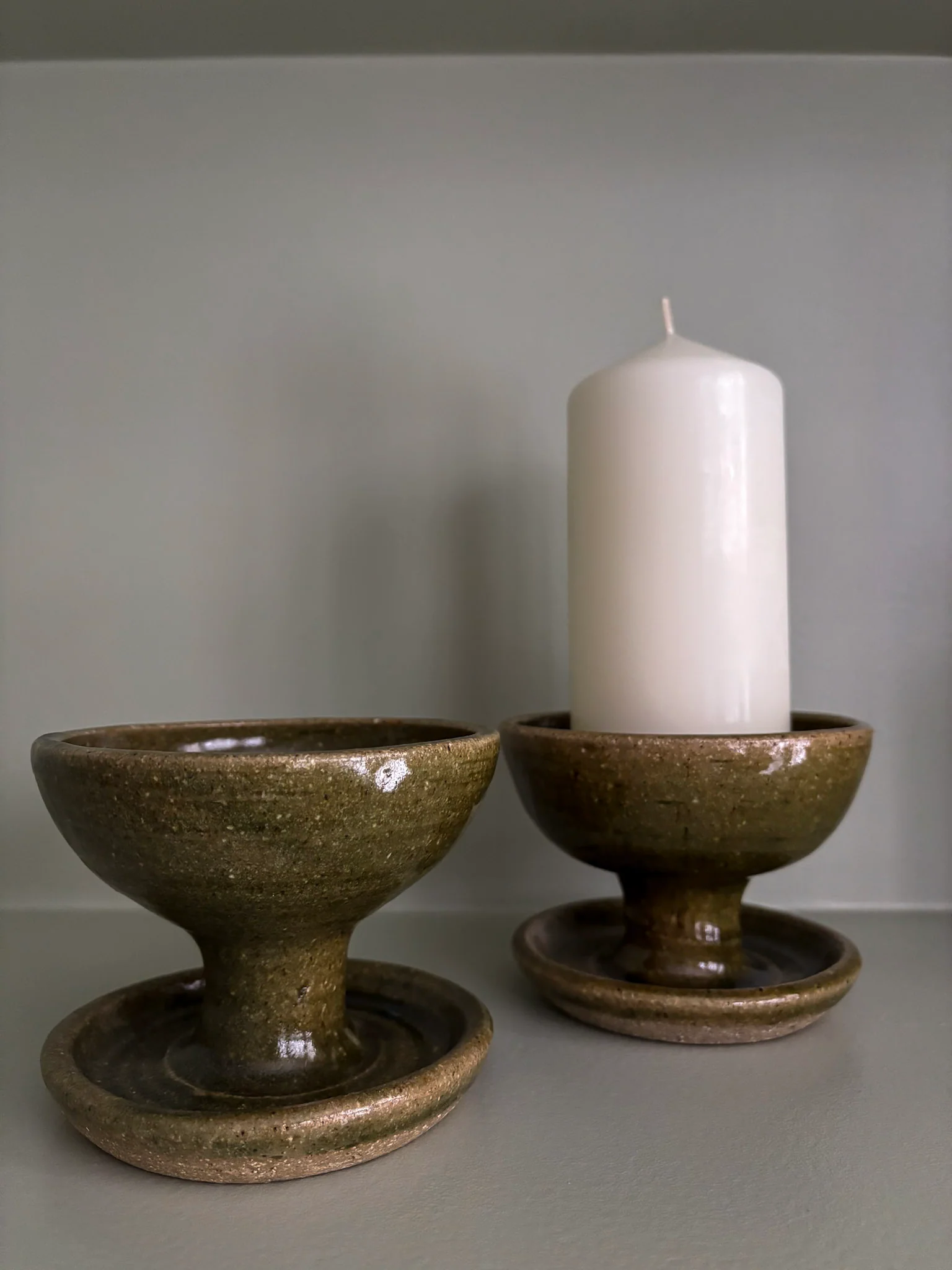 Mid-Century Olive Glazed Pedestal Candle Holders - Image 16