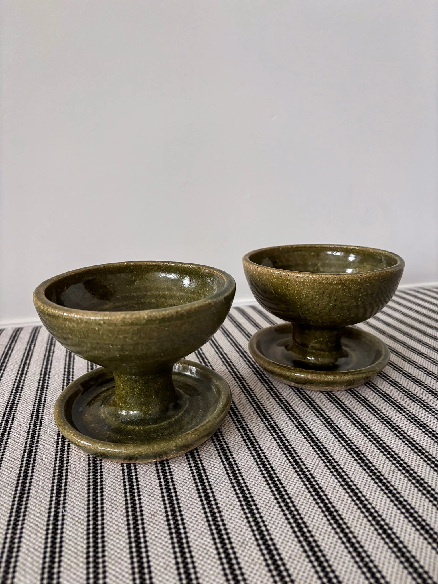 Mid-Century Olive Glazed Pedestal Candle Holders - Image 3