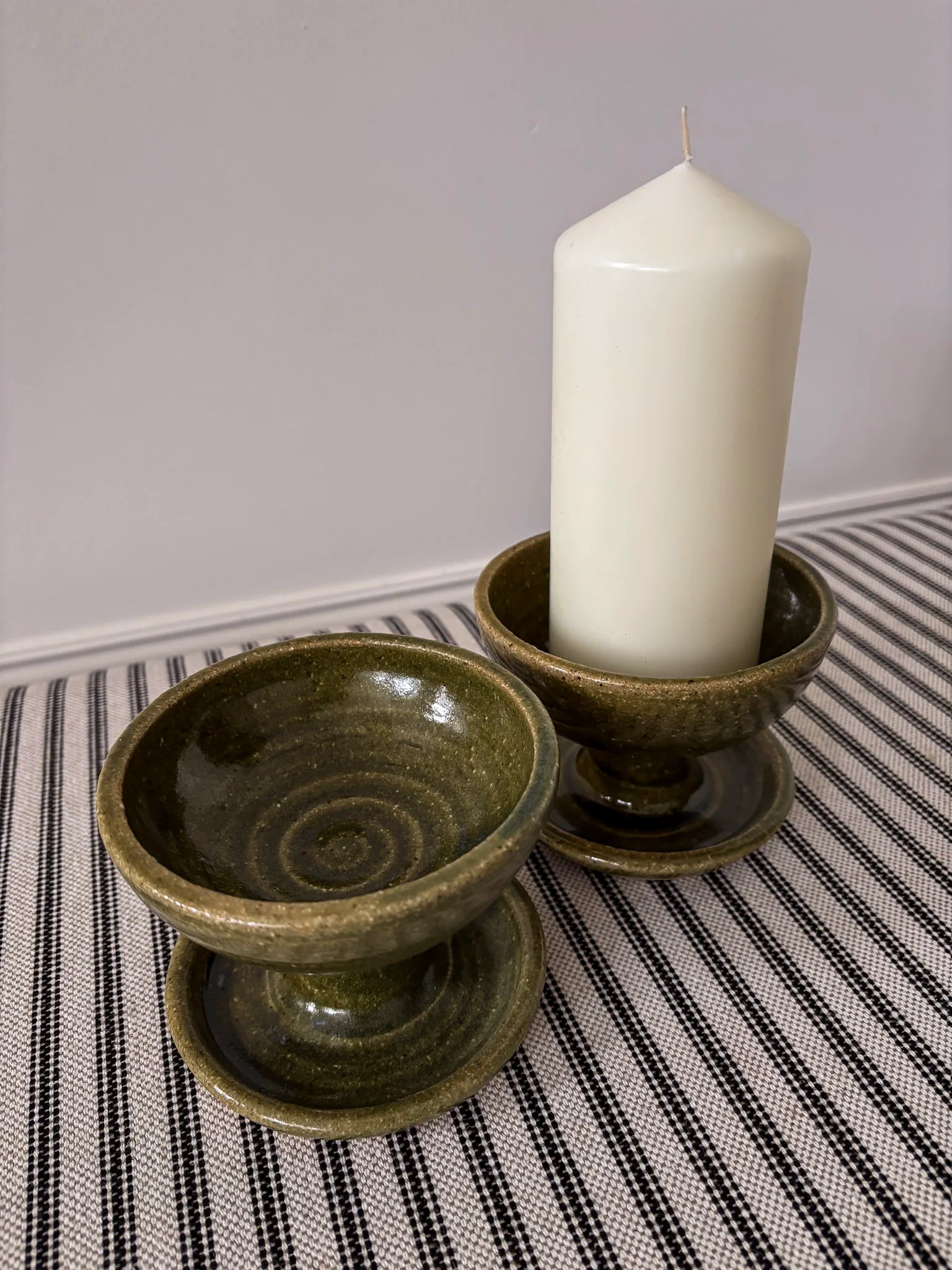 Mid-Century Olive Glazed Pedestal Candle Holders - Image 4