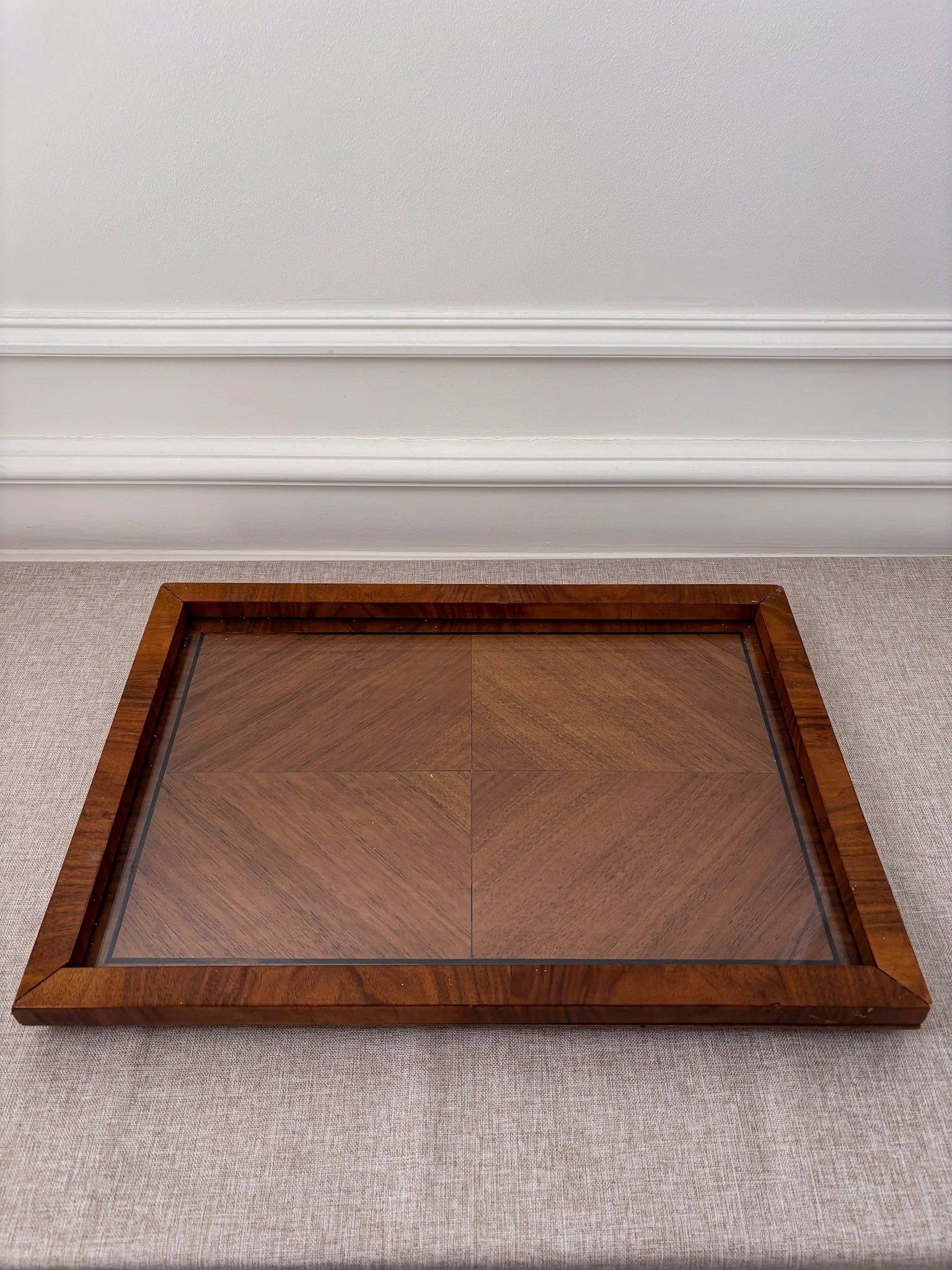 Mid Century Walnut & Glass Serving Tray | Vintage Wood Coffee Table Tray - Image 7