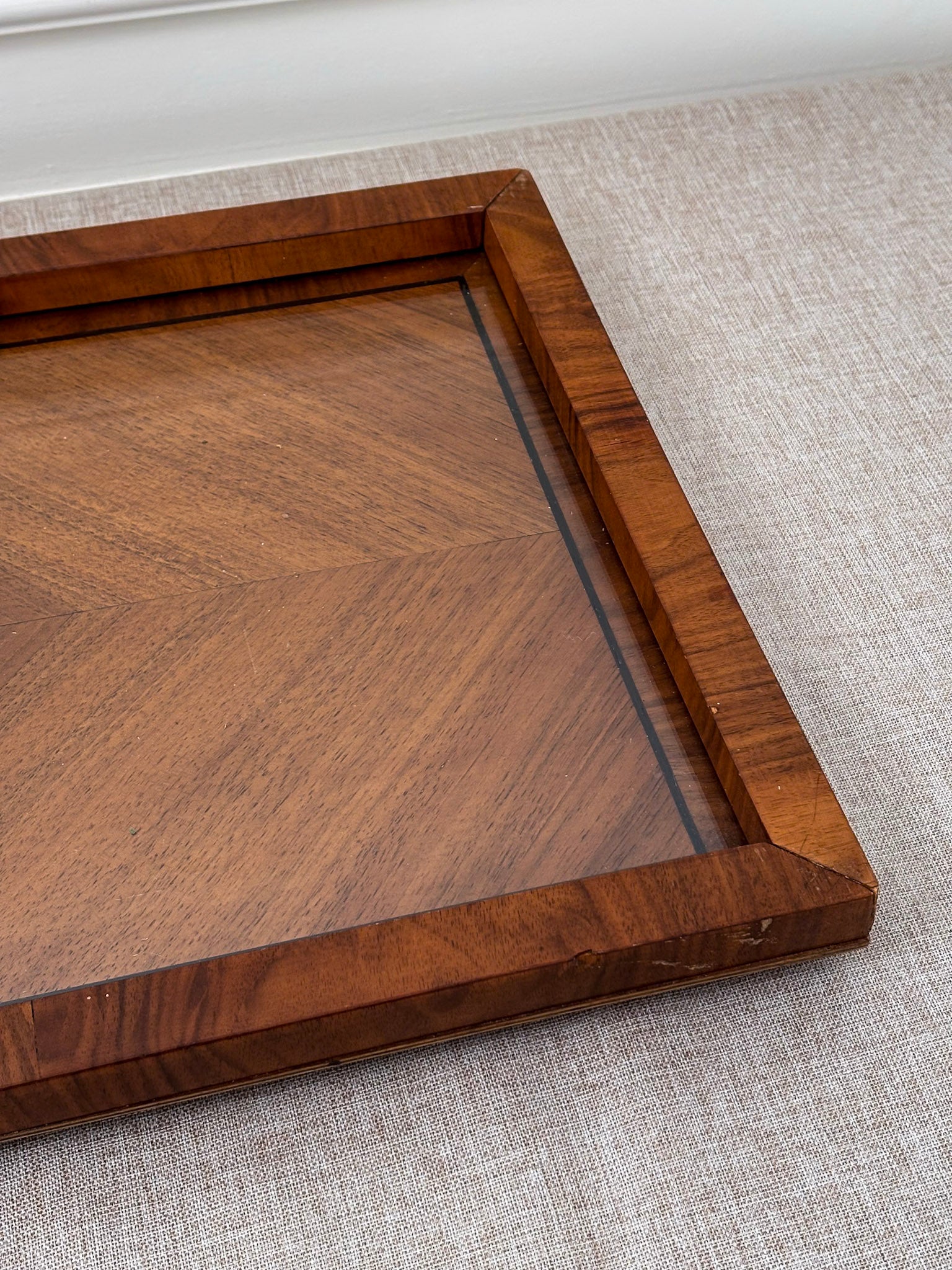 Mid Century Walnut & Glass Serving Tray | Vintage Wood Coffee Table Tray - Image 9