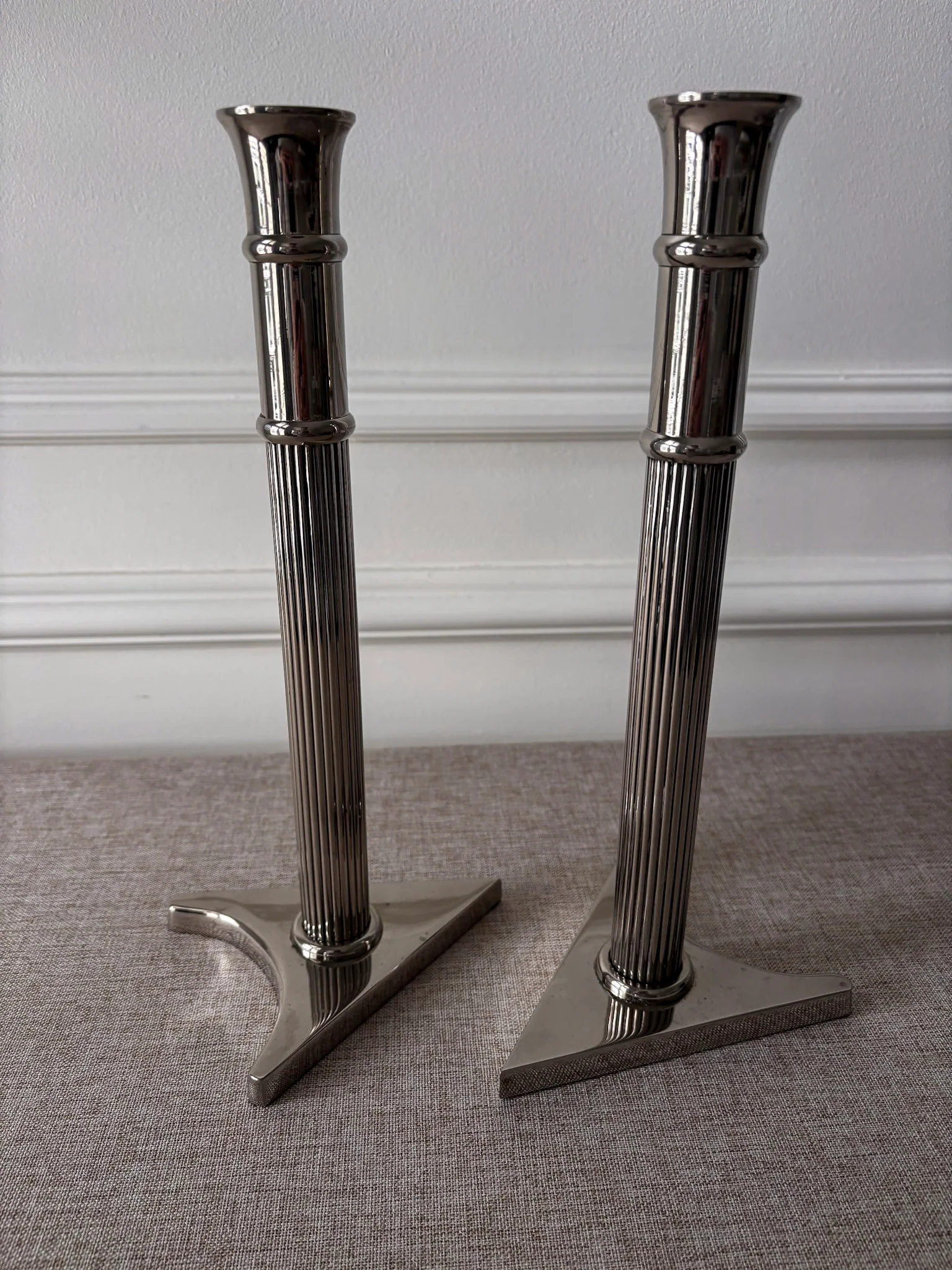 Pair of Silver-Tone Triangular Base Candlesticks