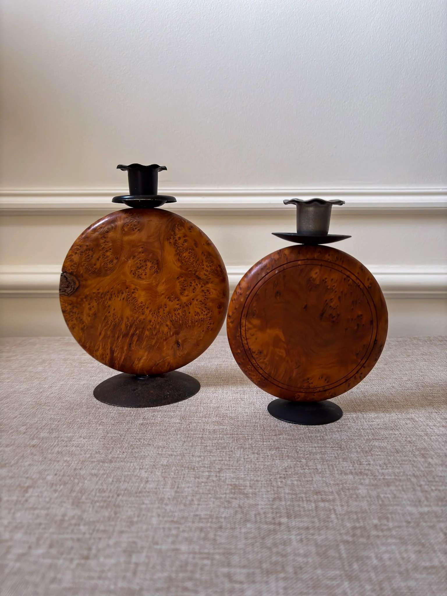 Pair of Vintage Burr Wood Candlesticks | Ripple Edge Sculptural Candle Holders - Image 2