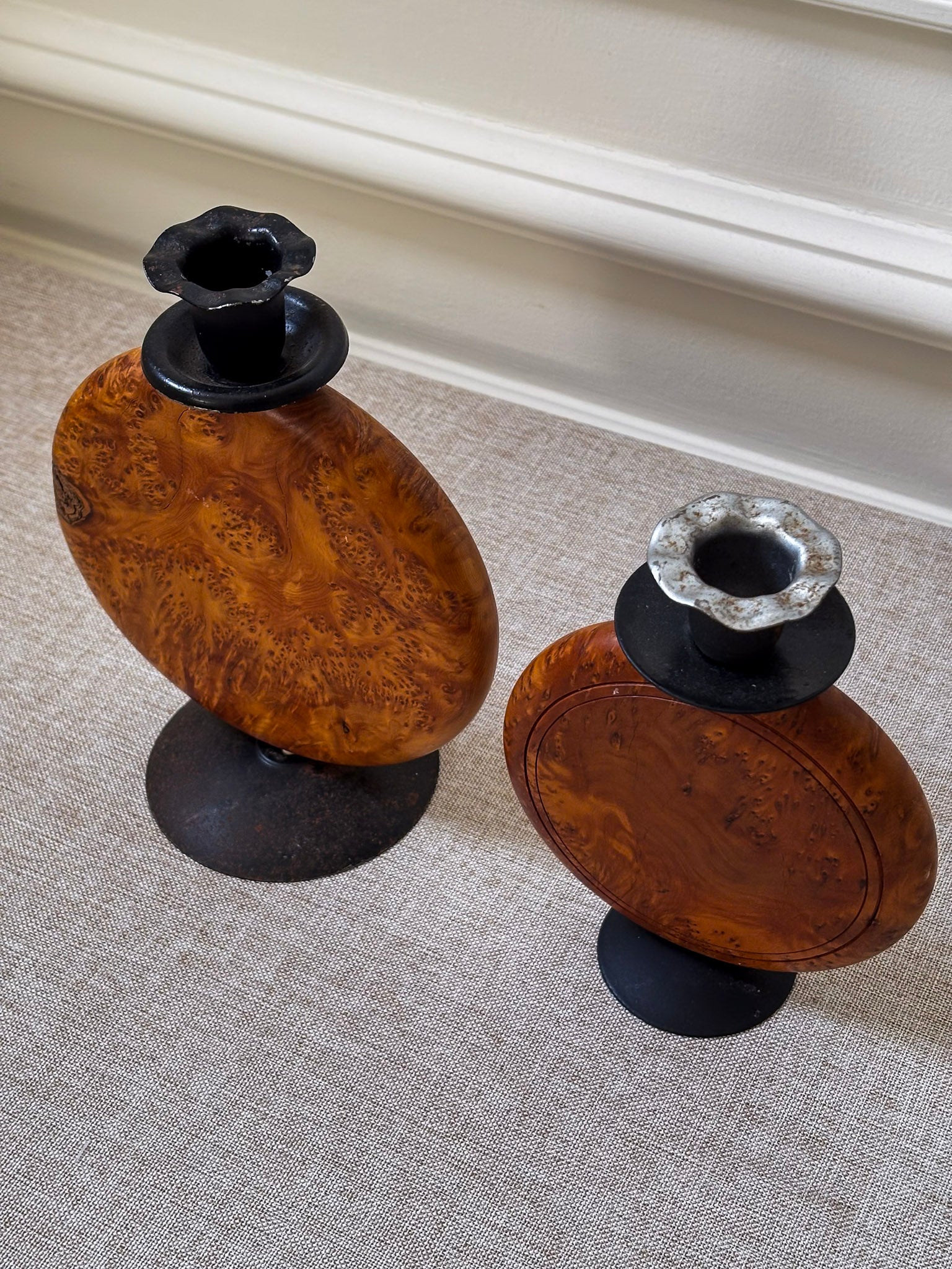 Pair of Vintage Burr Wood Candlesticks | Ripple Edge Sculptural Candle Holders - Image 9
