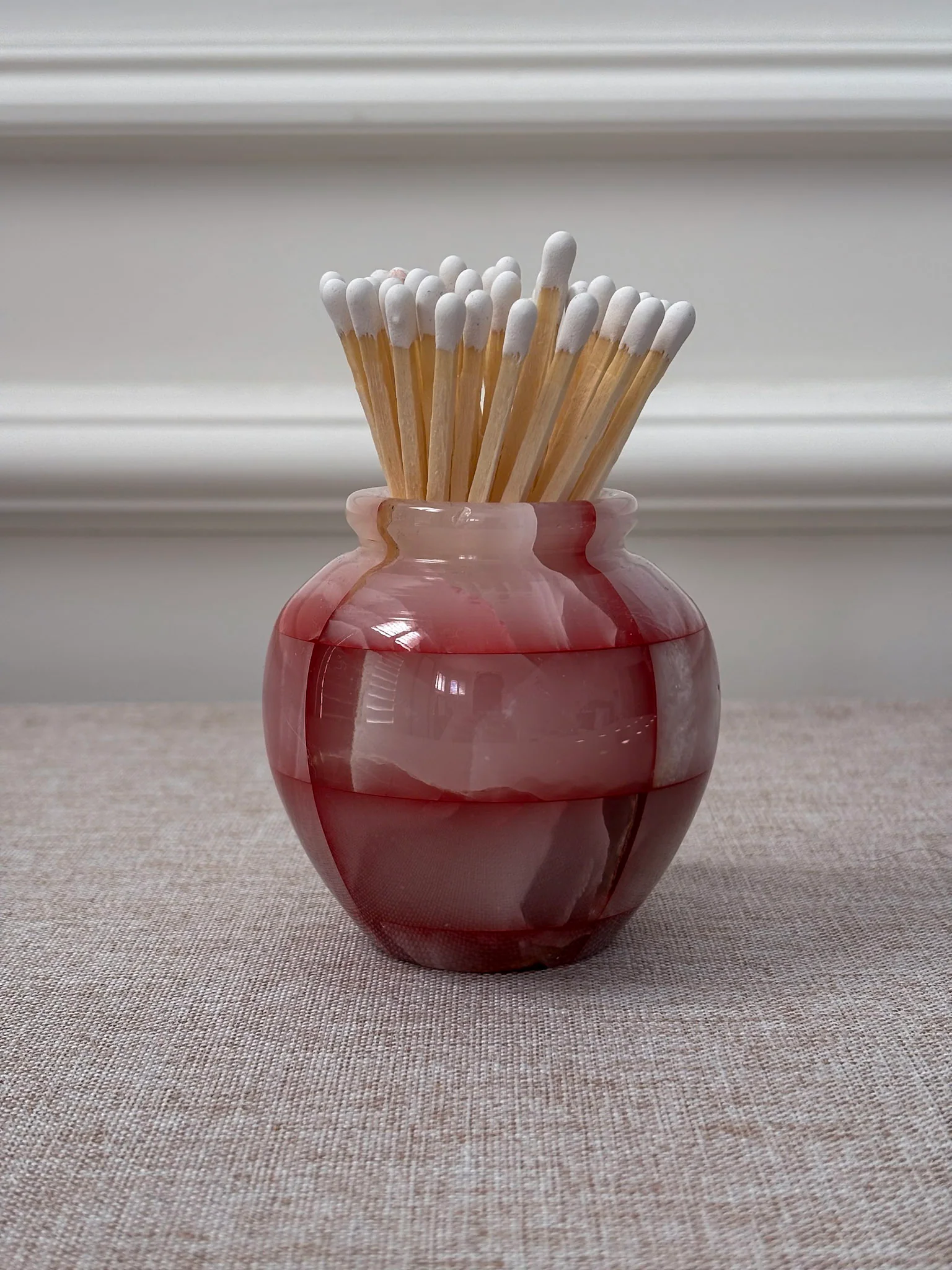 Pink Onyx Matchstick Holder Checked Stone Pot