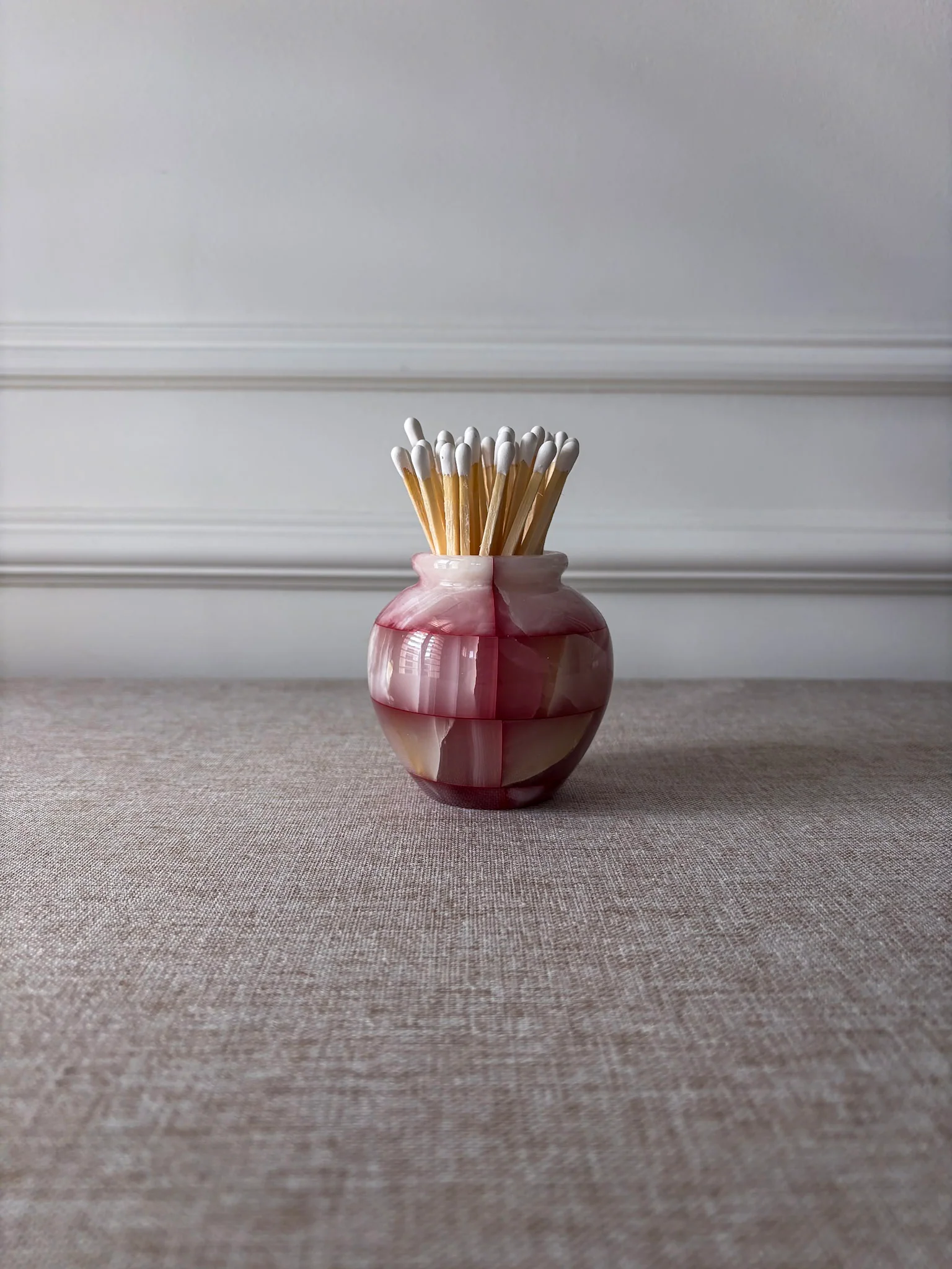 Pink Onyx Matchstick Holder Checked Stone Pot - Image 10