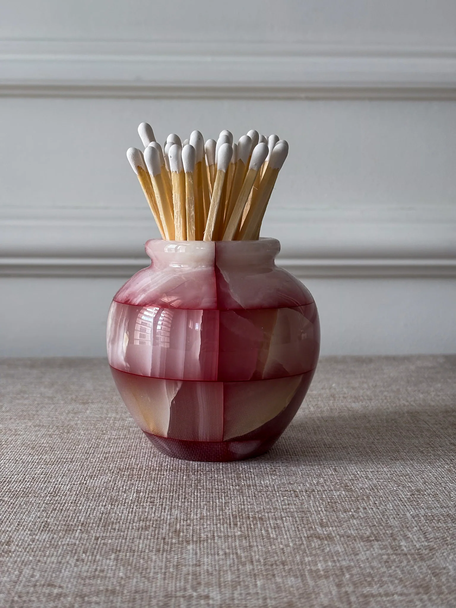 Pink Onyx Matchstick Holder Checked Stone Pot - Image 2