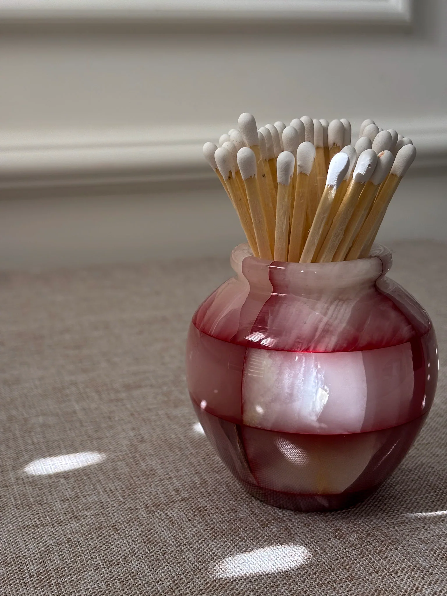 Pink Onyx Matchstick Holder Checked Stone Pot - Image 3