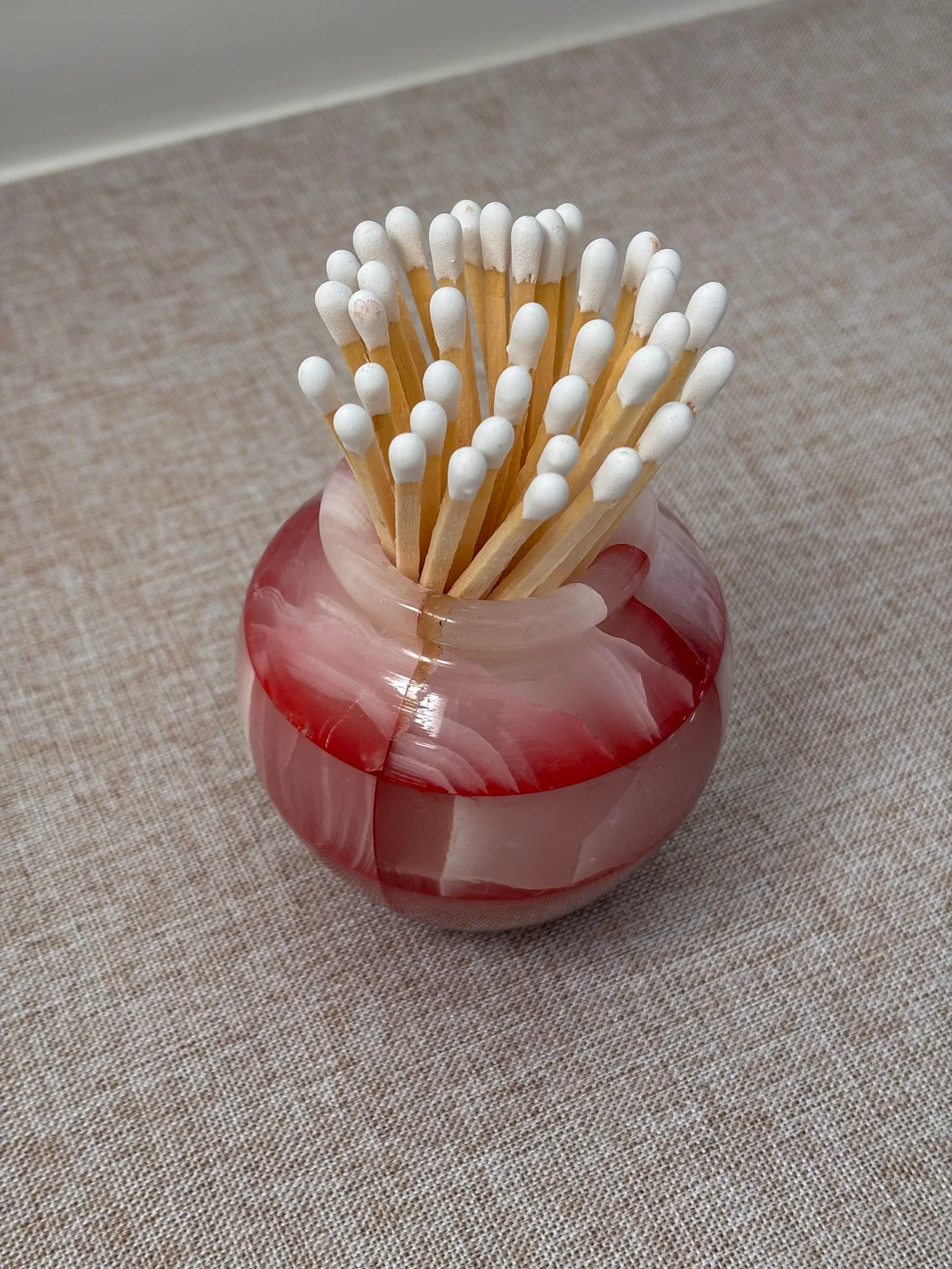 Pink Onyx Matchstick Holder Checked Stone Pot - Image 4