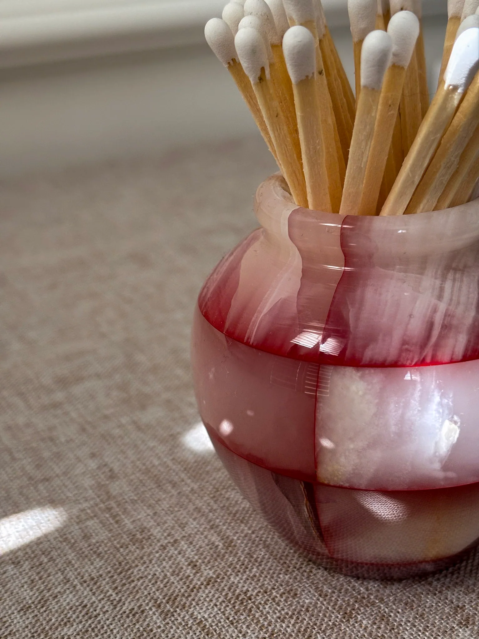 Pink Onyx Matchstick Holder Checked Stone Pot - Image 5