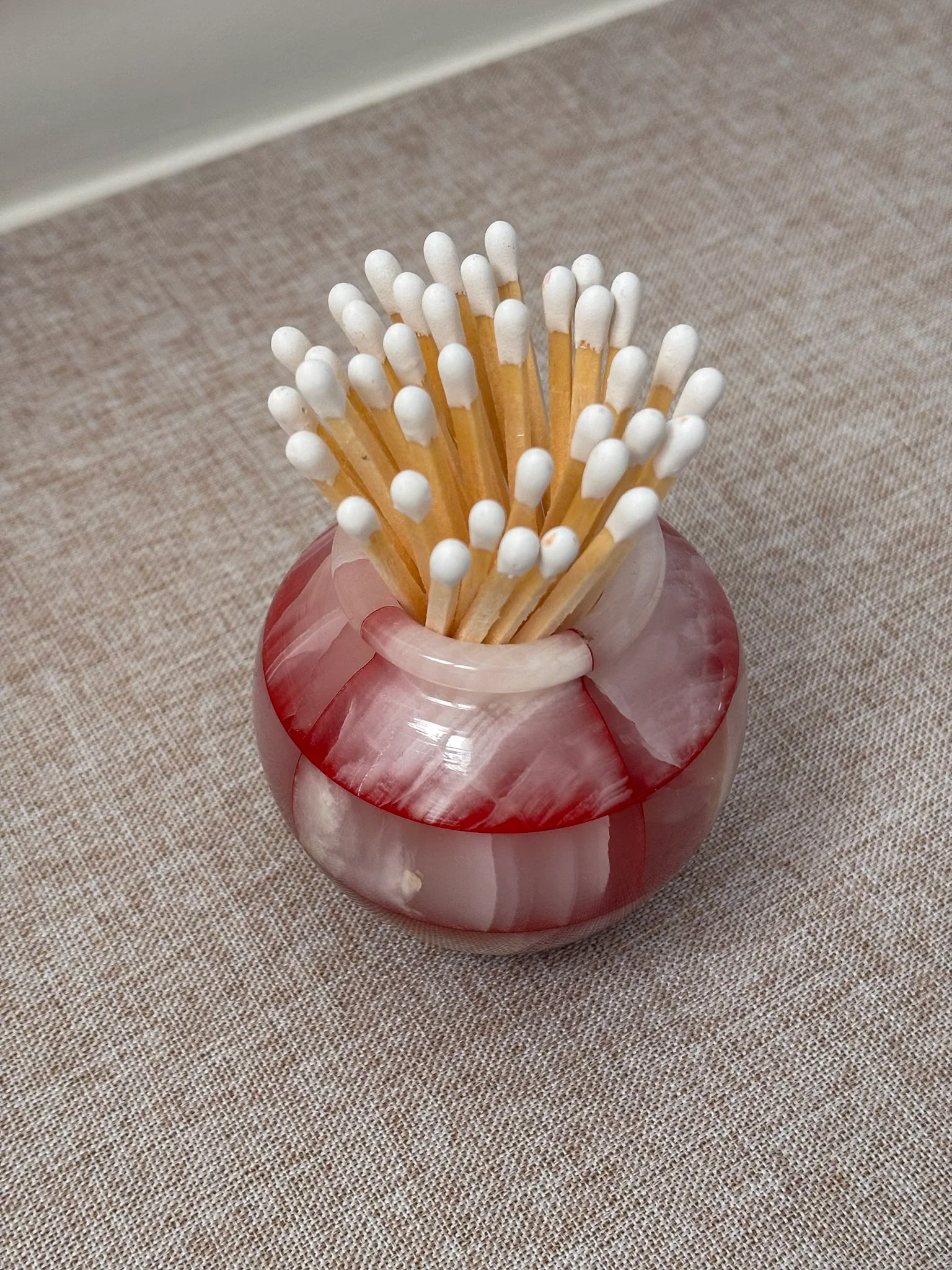 Pink Onyx Matchstick Holder Checked Stone Pot - Image 6