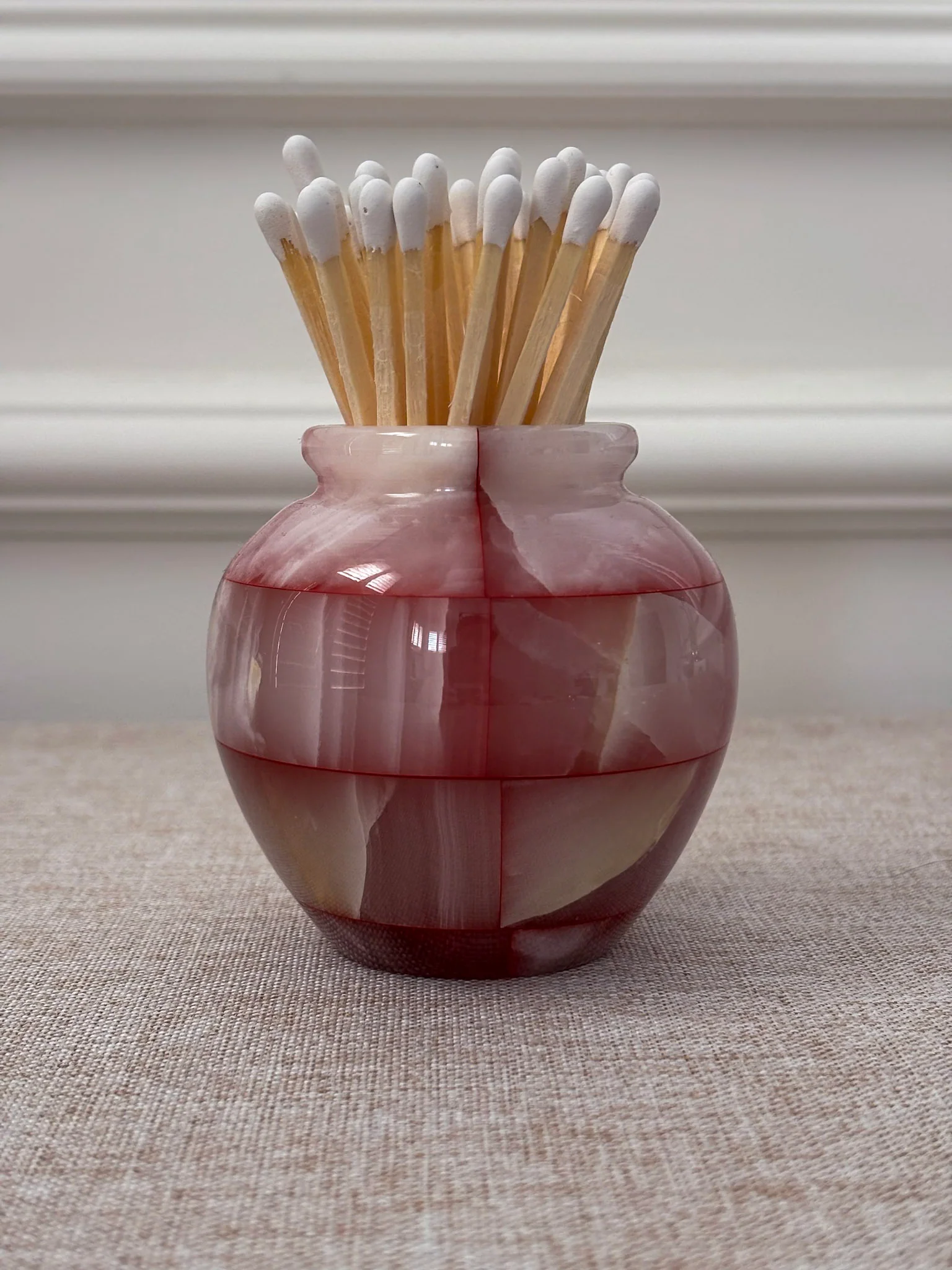 Pink Onyx Matchstick Holder Checked Stone Pot - Image 7