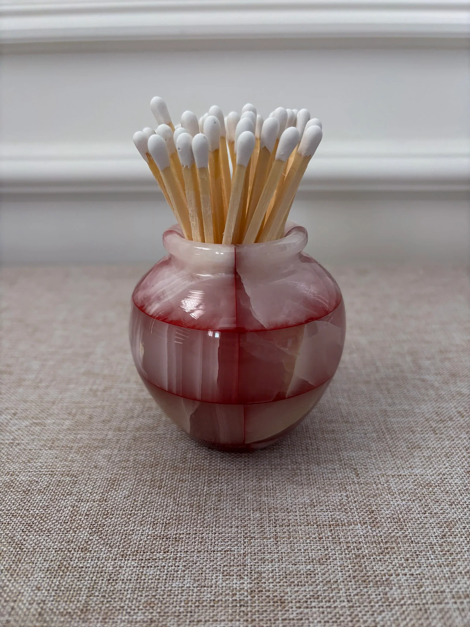 Pink Onyx Matchstick Holder Checked Stone Pot - Image 9