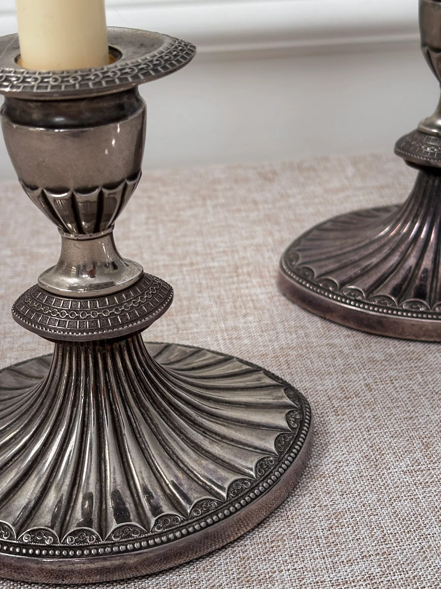 Silver-Plated Candlesticks, Fluted Oval Base with Decorative Drip Tray, Classic Pair - Image 3
