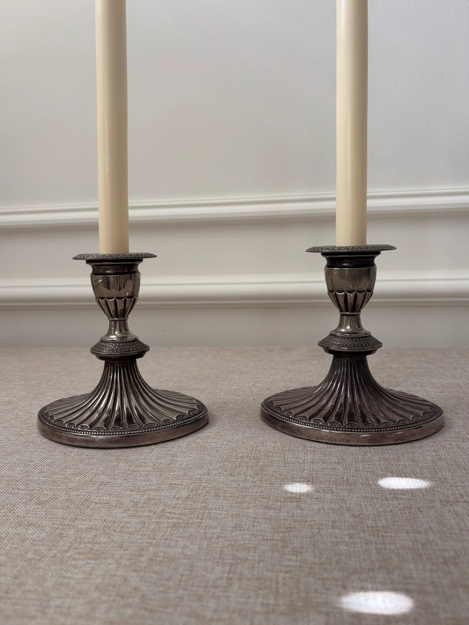 Silver-Plated Candlesticks, Fluted Oval Base with Decorative Drip Tray, Classic Pair - Image 4