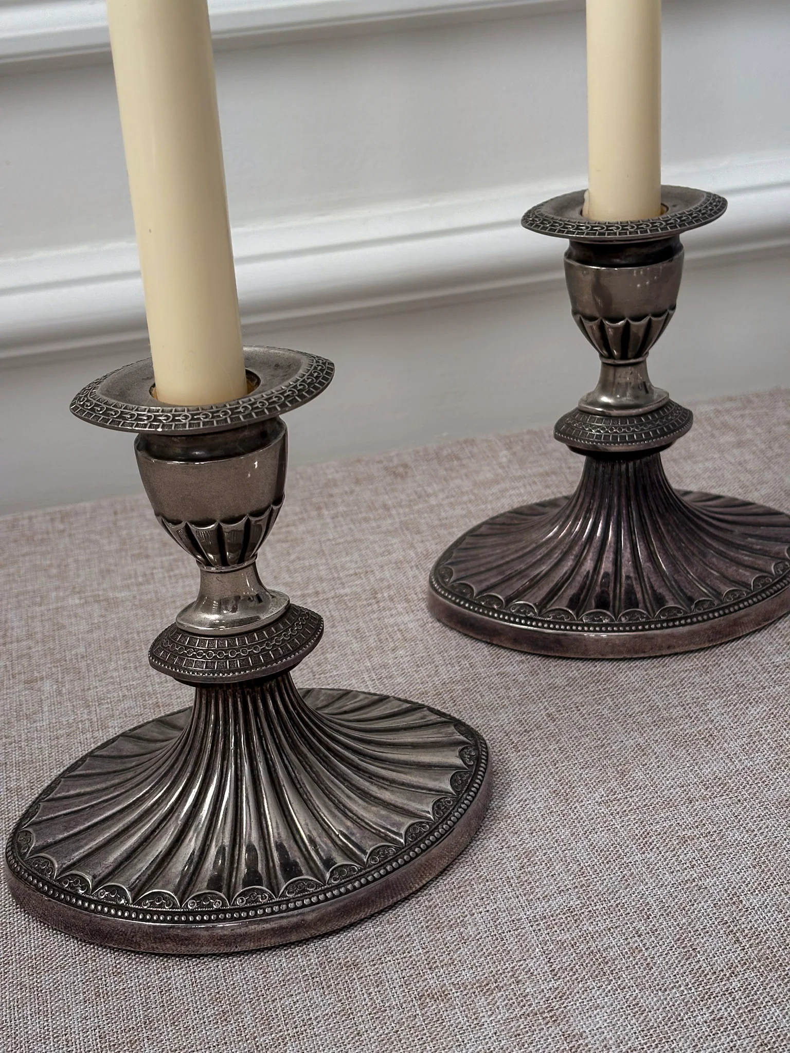 Silver-Plated Candlesticks, Fluted Oval Base with Decorative Drip Tray, Classic Pair - Image 5