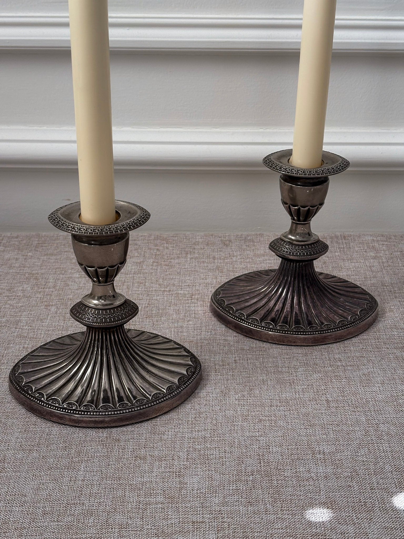 Silver-Plated Candlesticks, Fluted Oval Base with Decorative Drip Tray, Classic Pair - Image 6