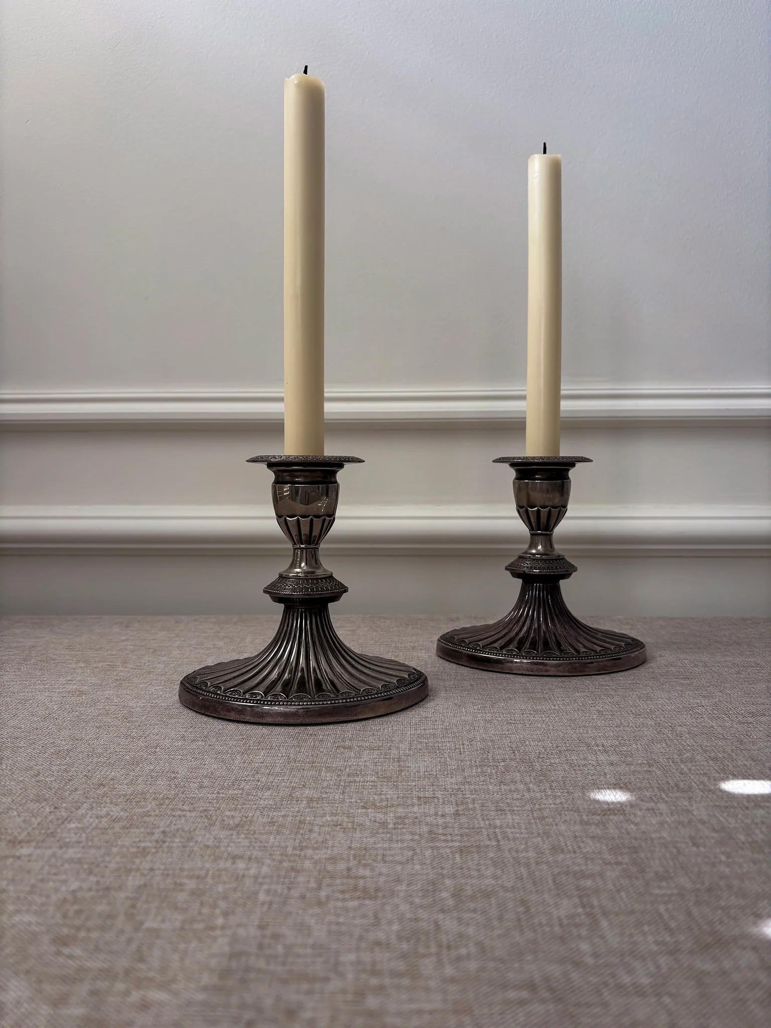 Silver-Plated Candlesticks, Fluted Oval Base with Decorative Drip Tray, Classic Pair - Image 7