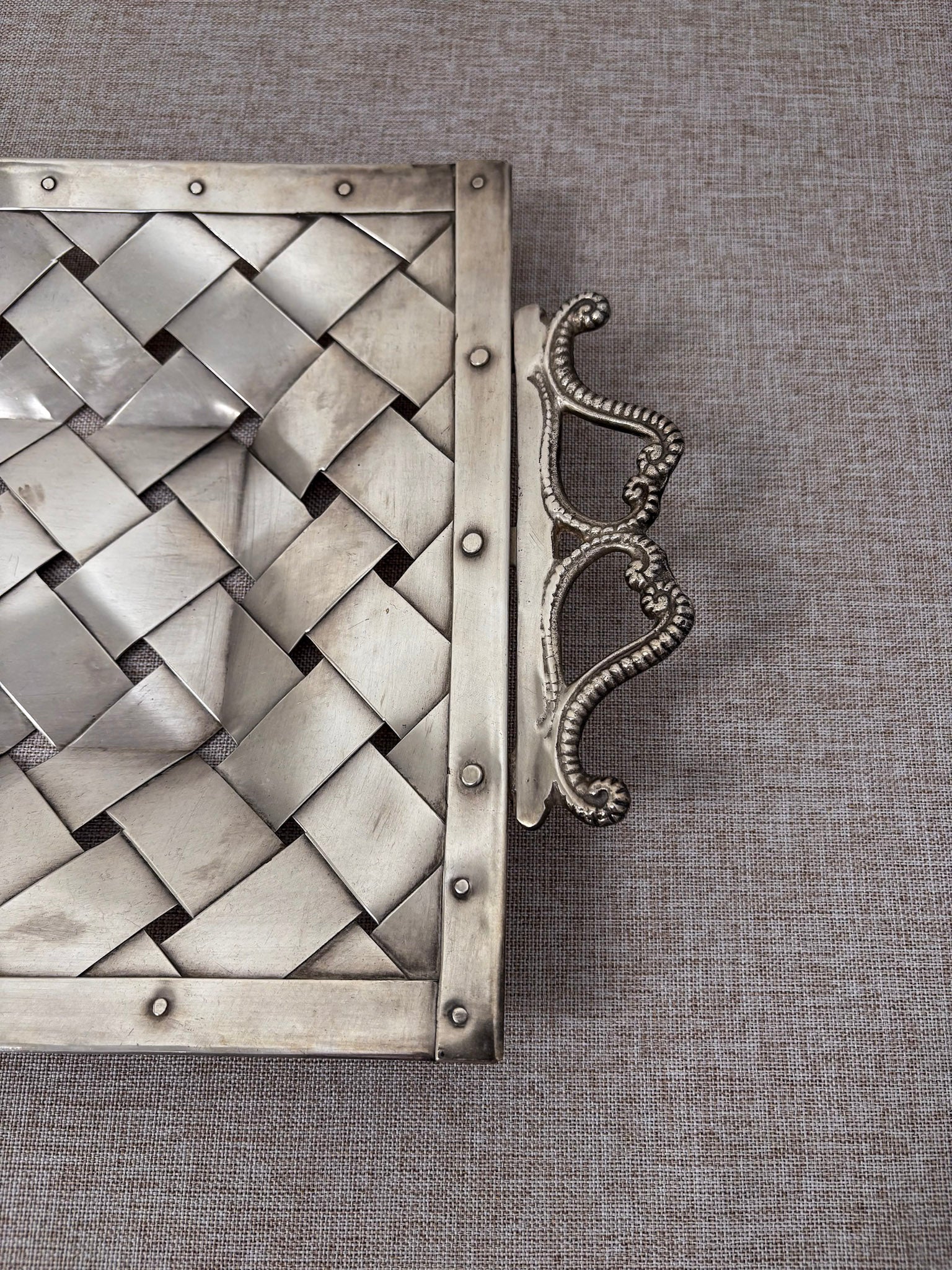Silver-Tone Woven Tray with Ornate Handles, Rectangular Decorative Tray - Image 3