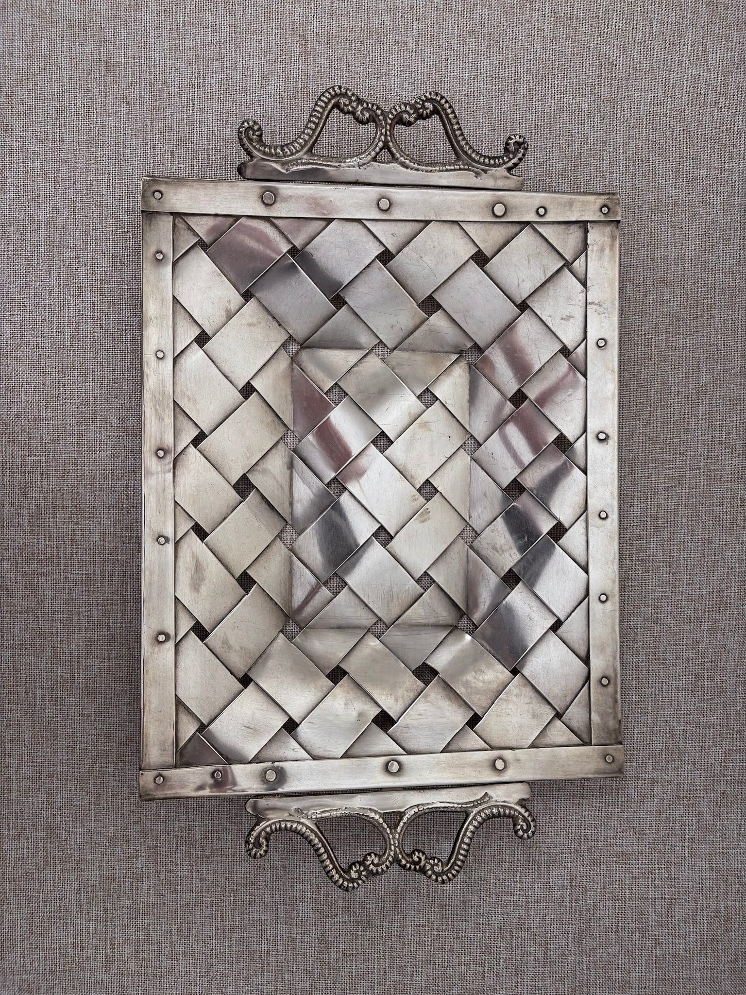 Silver-Tone Woven Tray with Ornate Handles, Rectangular Decorative Tray - Image 4