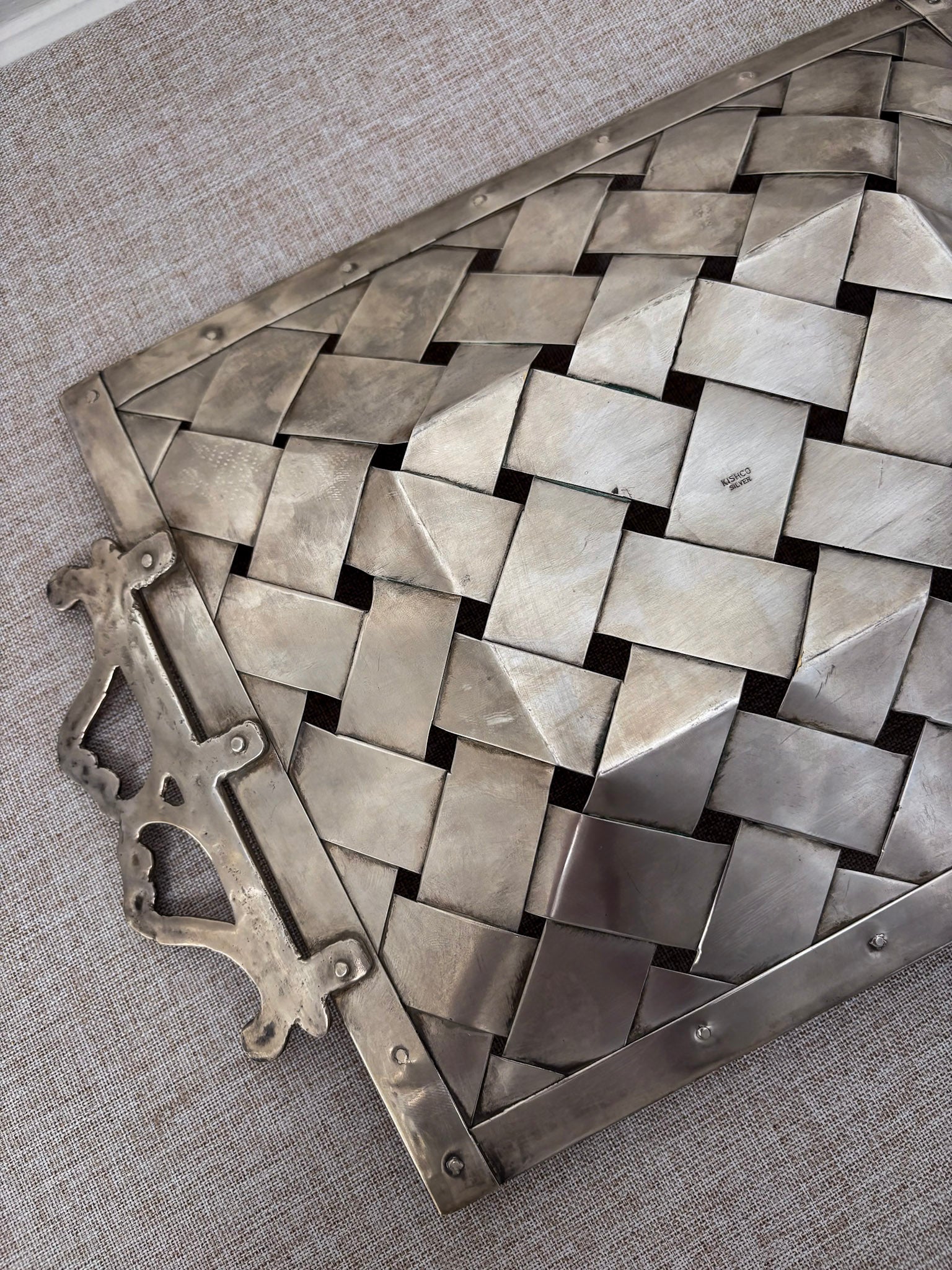 Silver-Tone Woven Tray with Ornate Handles, Rectangular Decorative Tray - Image 5