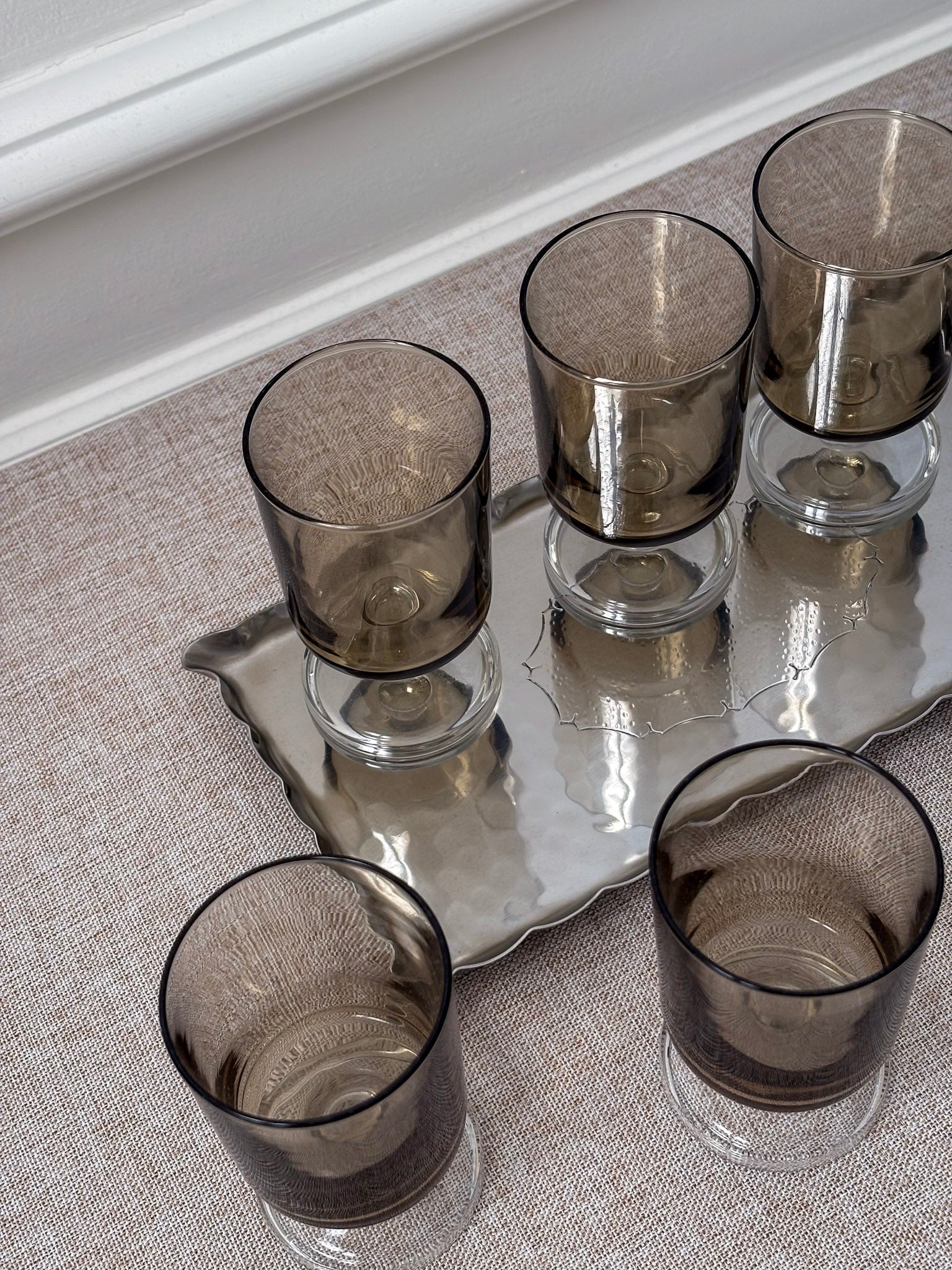 Smoked Glass Goblets with Hammered Stainless Steel Scalloped Tray, Mid-Century Drinks Set (5 Glasses + Tray) - Image 3