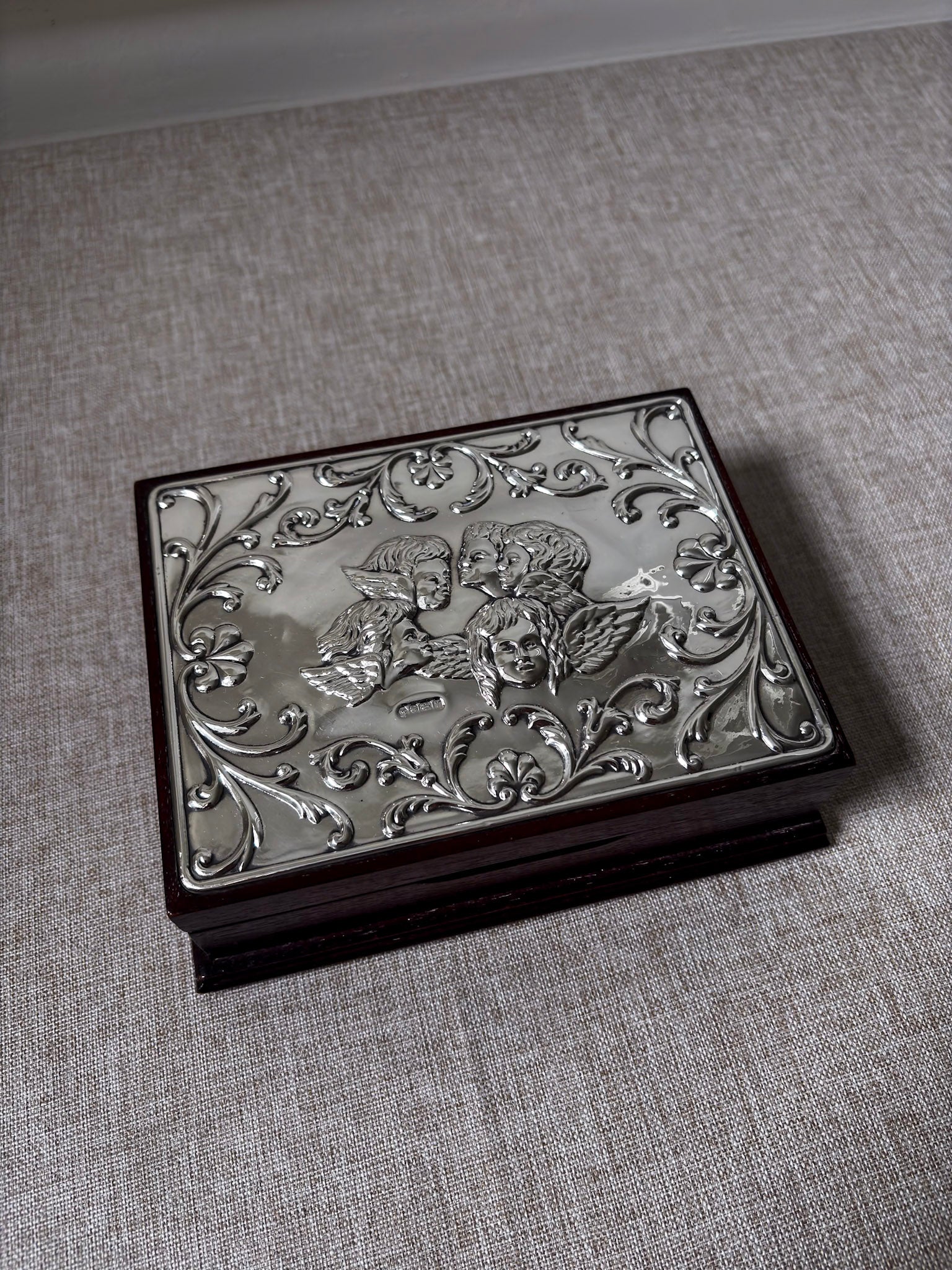 Vintage 925 Sterling Silver Cherub Jewellery Box | Ornate Silver & Wood Keepsake Box