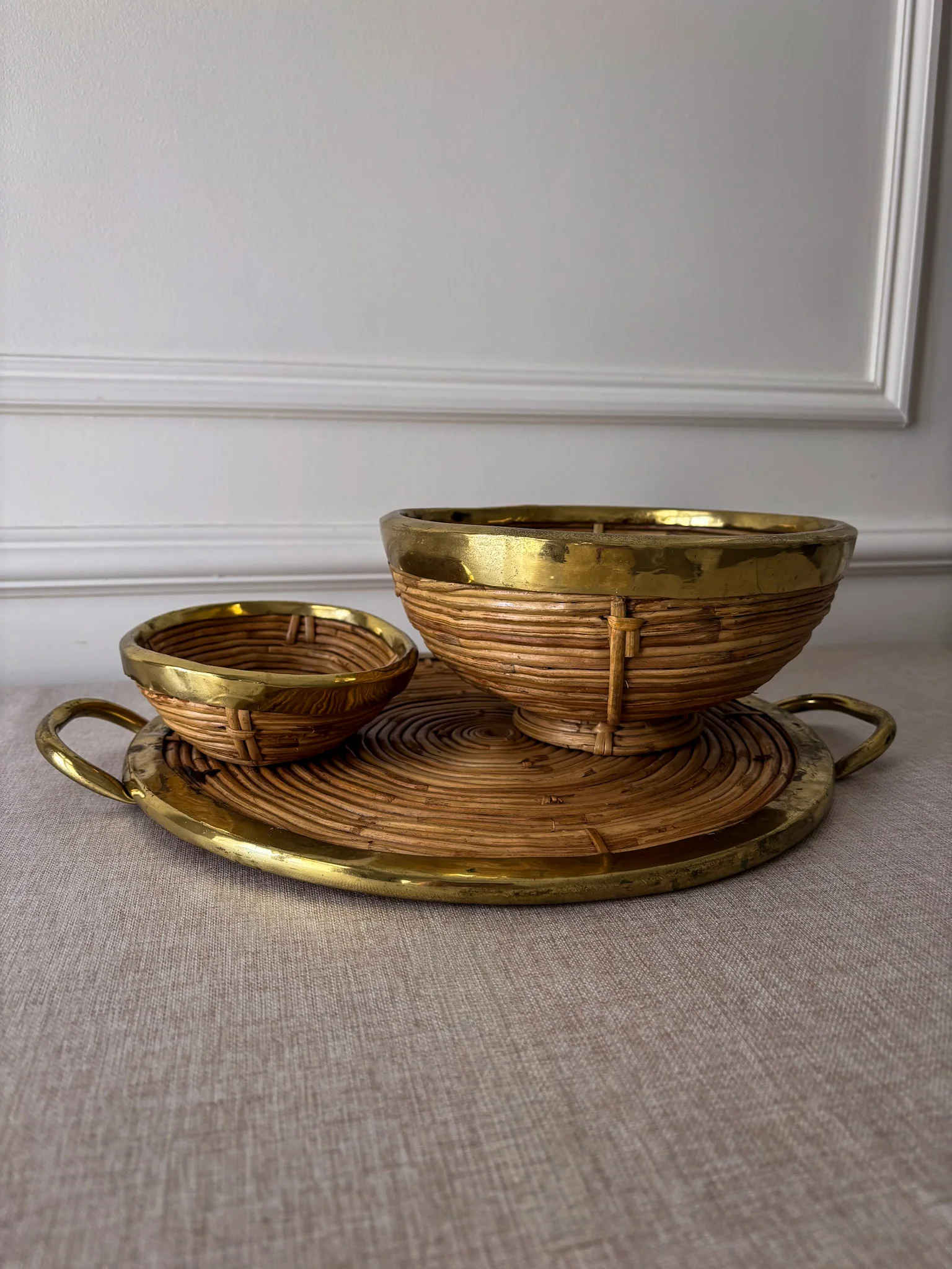 Vintage Brass & Rattan Serving Tray and Bowl Set | 1970s Italian Style Barware - Image 10