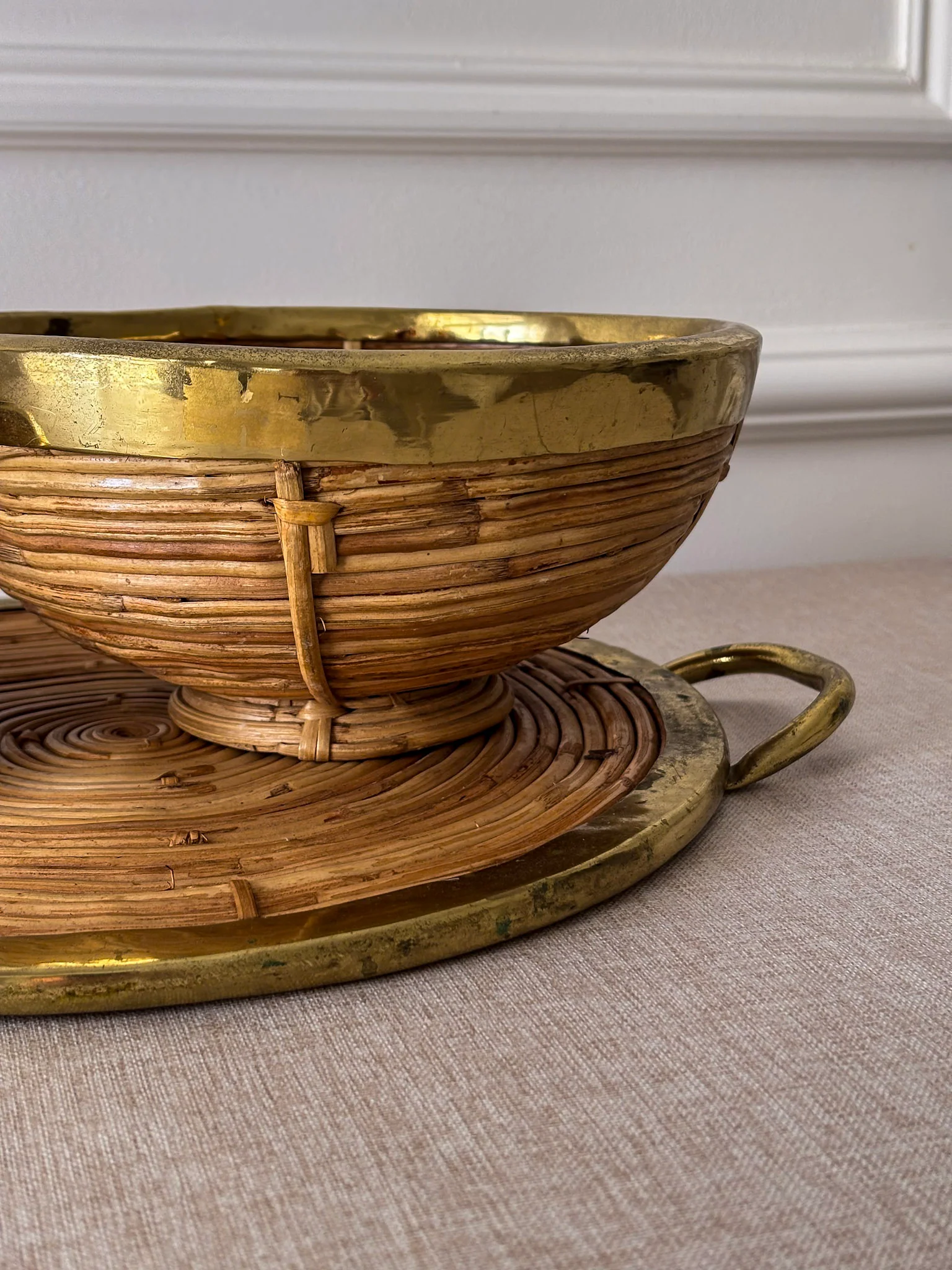 Vintage Brass & Rattan Serving Tray and Bowl Set | 1970s Italian Style Barware - Image 11
