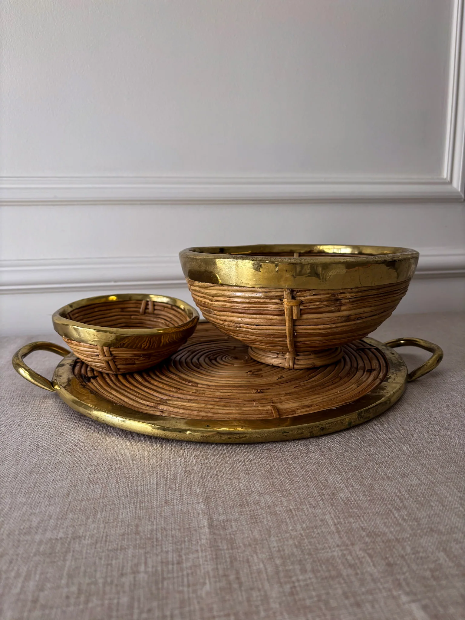 Vintage Brass & Rattan Serving Tray and Bowl Set | 1970s Italian Style Barware - Image 12