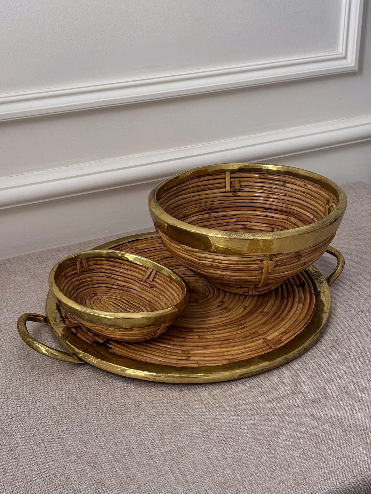 Vintage Brass & Rattan Serving Tray and Bowl Set | 1970s Italian Style Barware - Image 3