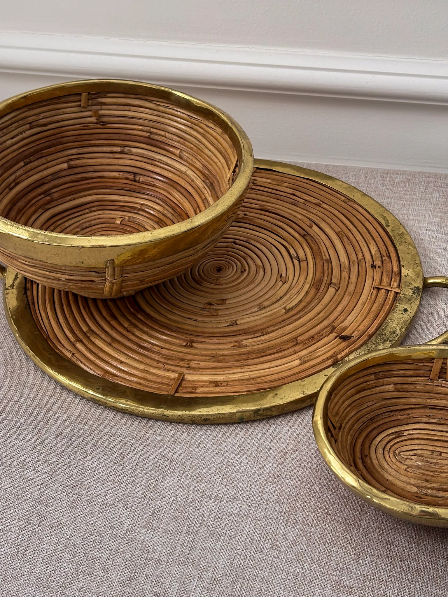 Vintage Brass & Rattan Serving Tray and Bowl Set | 1970s Italian Style Barware - Image 4