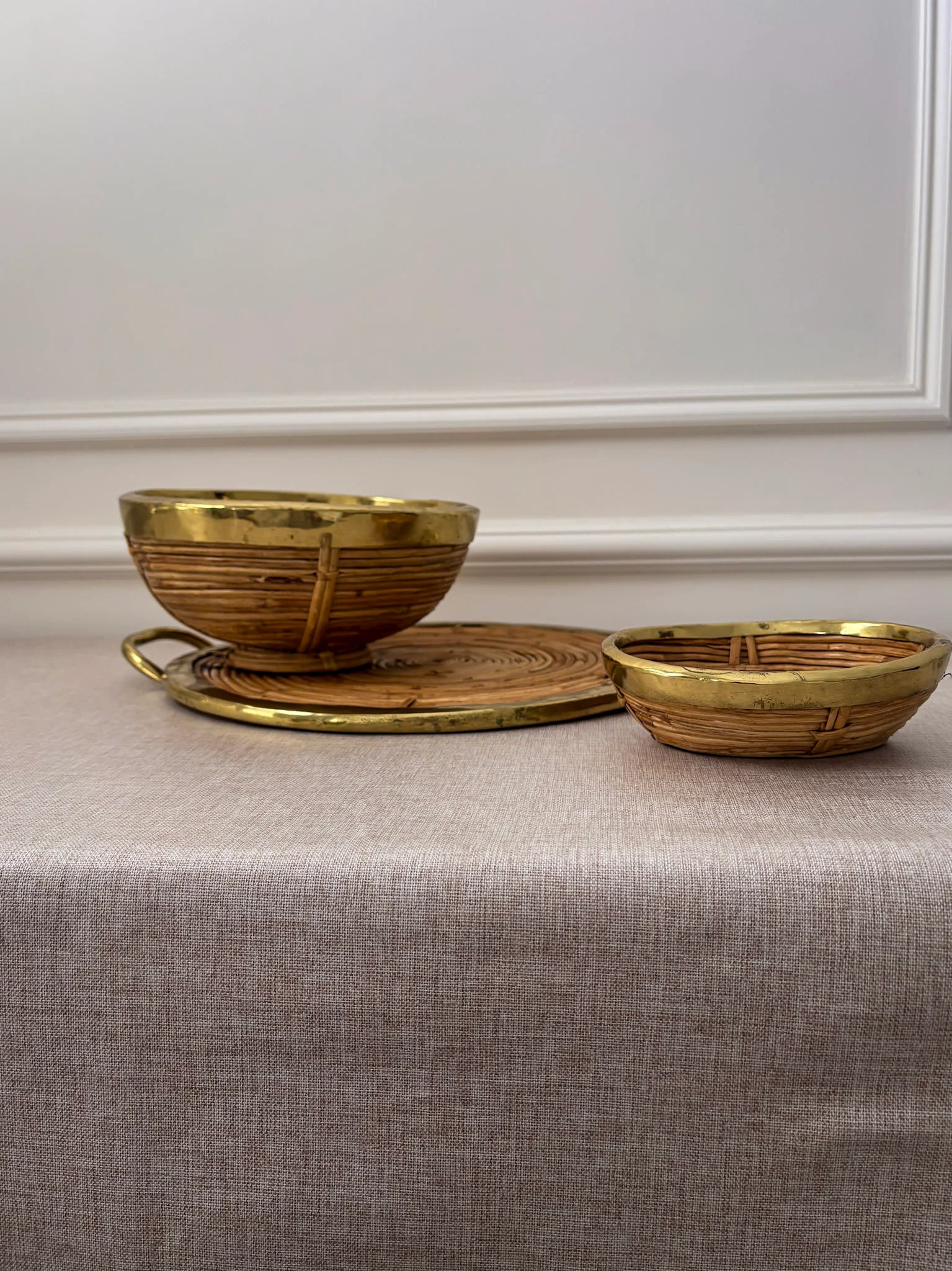 Vintage Brass & Rattan Serving Tray and Bowl Set | 1970s Italian Style Barware - Image 5