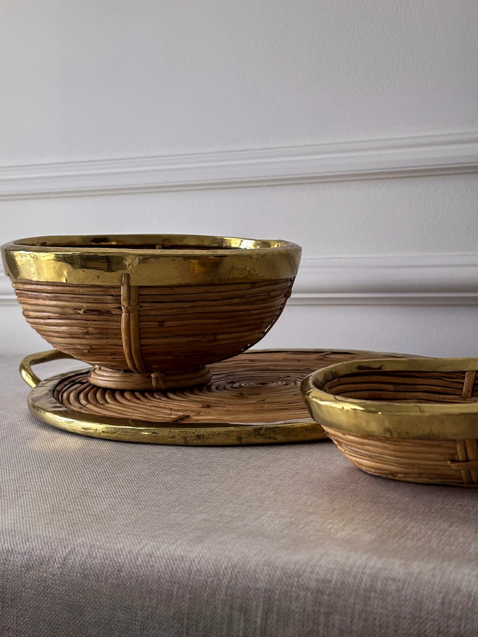 Vintage Brass & Rattan Serving Tray and Bowl Set | 1970s Italian Style Barware - Image 6