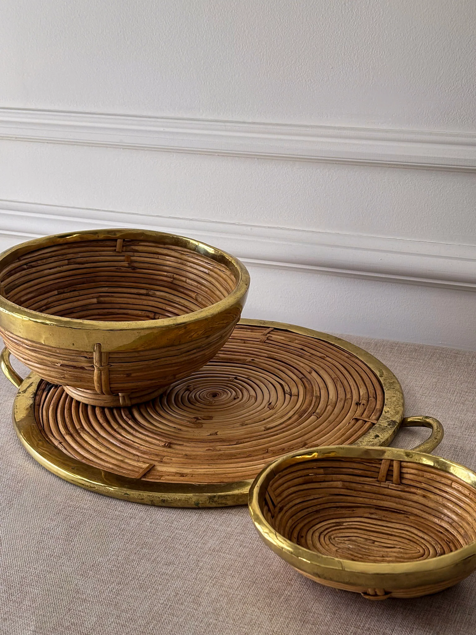 Vintage Brass & Rattan Serving Tray and Bowl Set | 1970s Italian Style Barware - Image 7