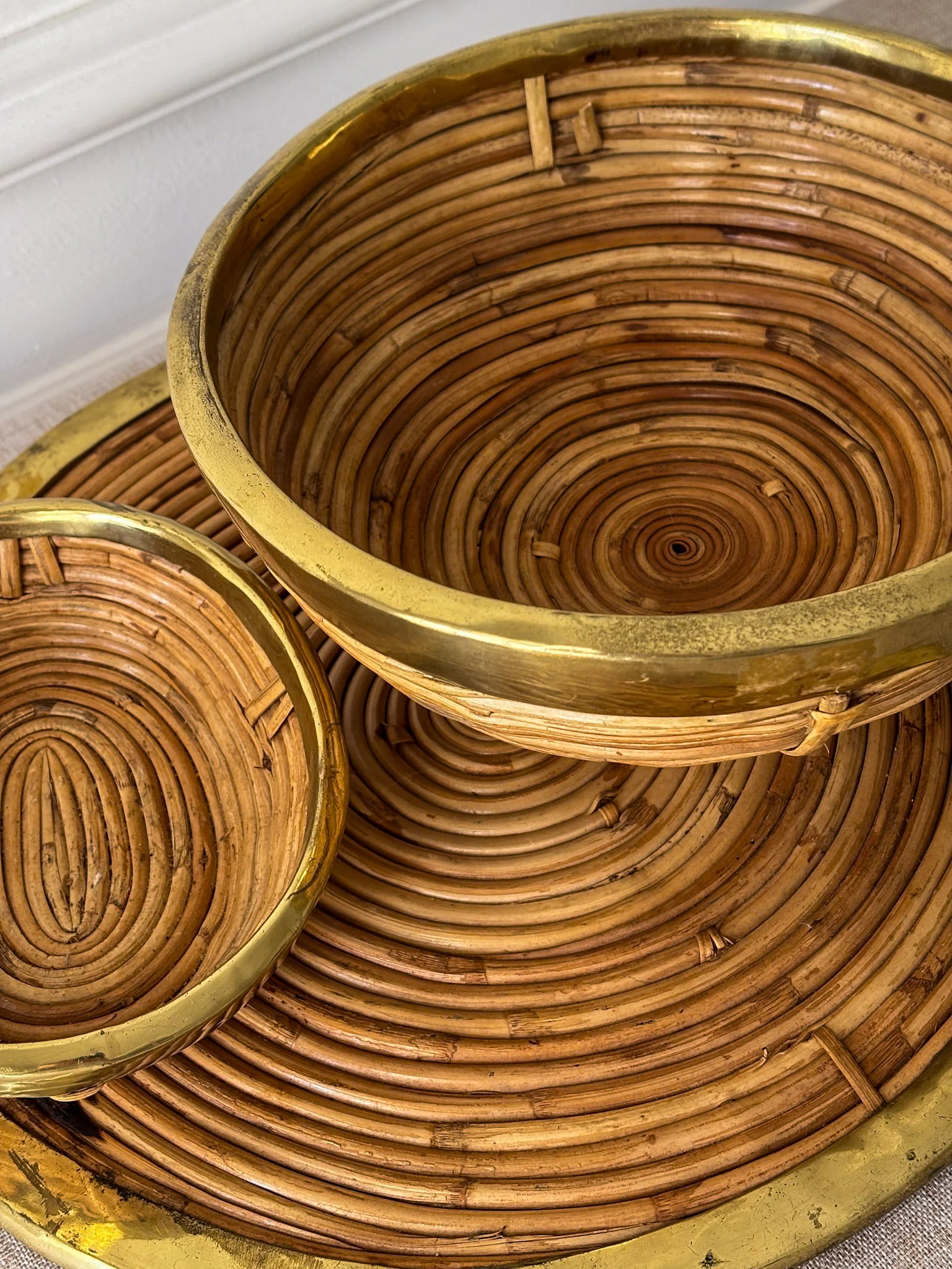 Vintage Brass & Rattan Serving Tray and Bowl Set | 1970s Italian Style Barware - Image 8