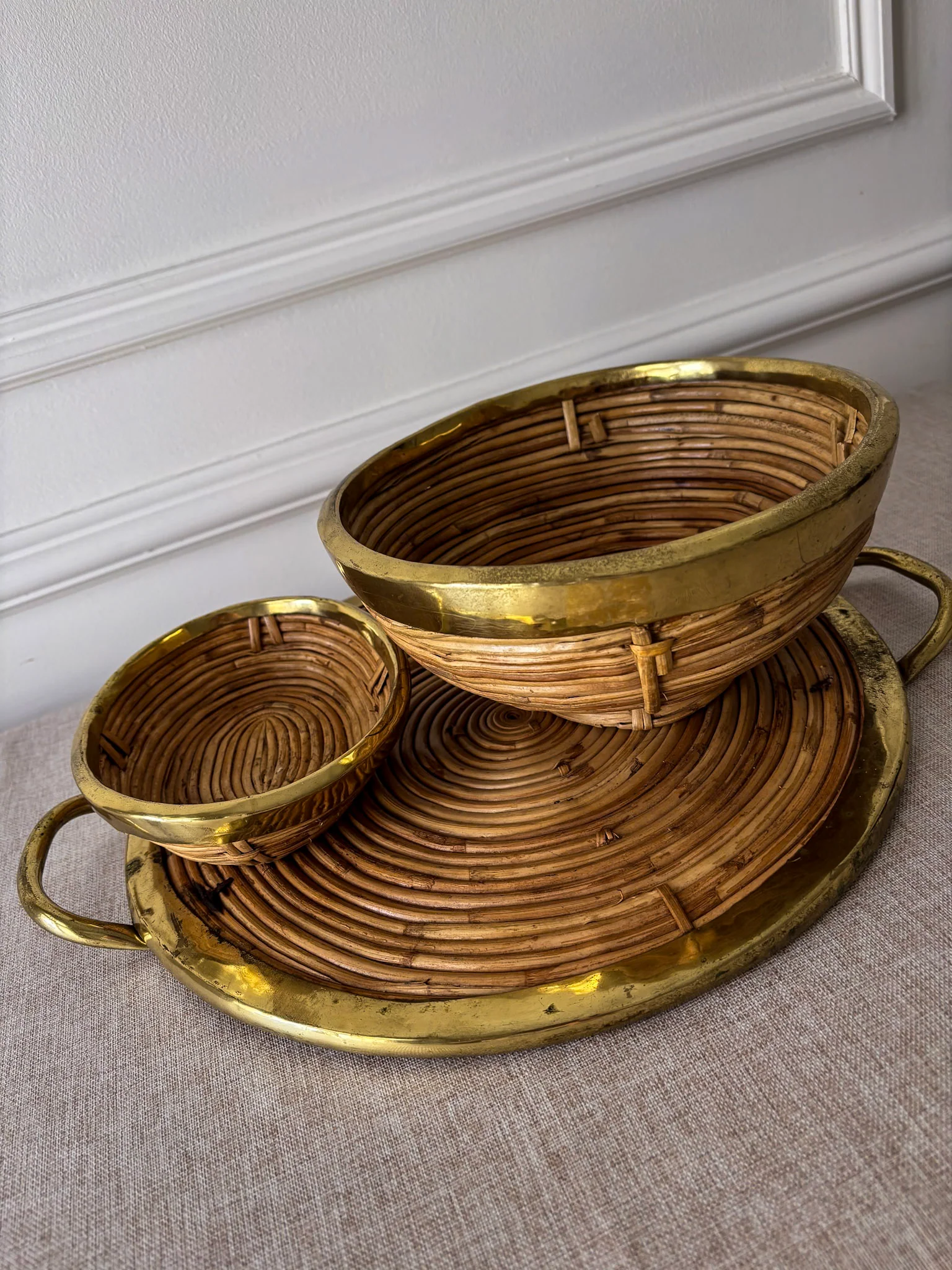 Vintage Brass & Rattan Serving Tray and Bowl Set | 1970s Italian Style Barware - Image 9