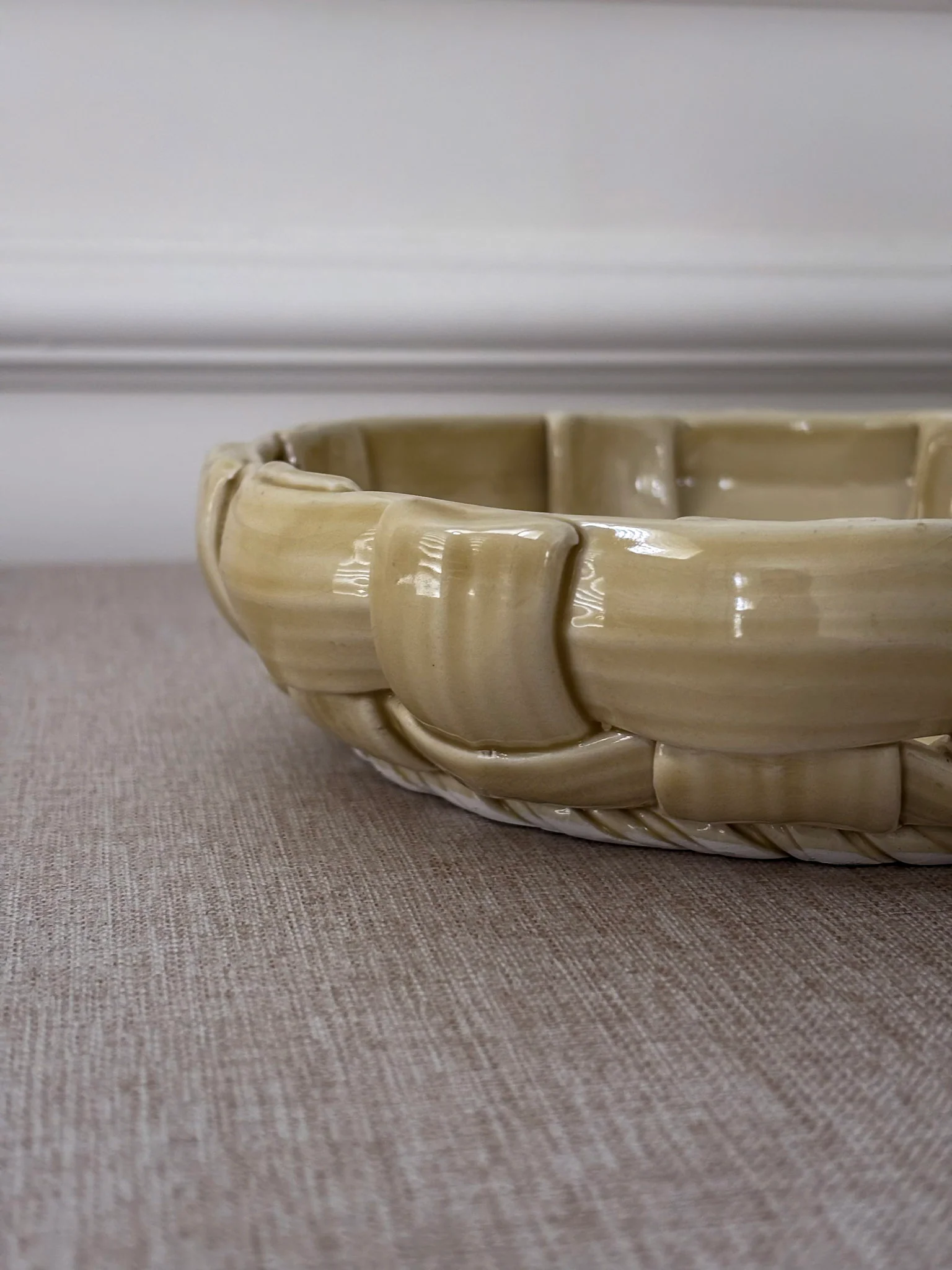 Vintage Butter Yellow Ceramic Weave Bowl | Sculptural Basket Bowl - Image 6