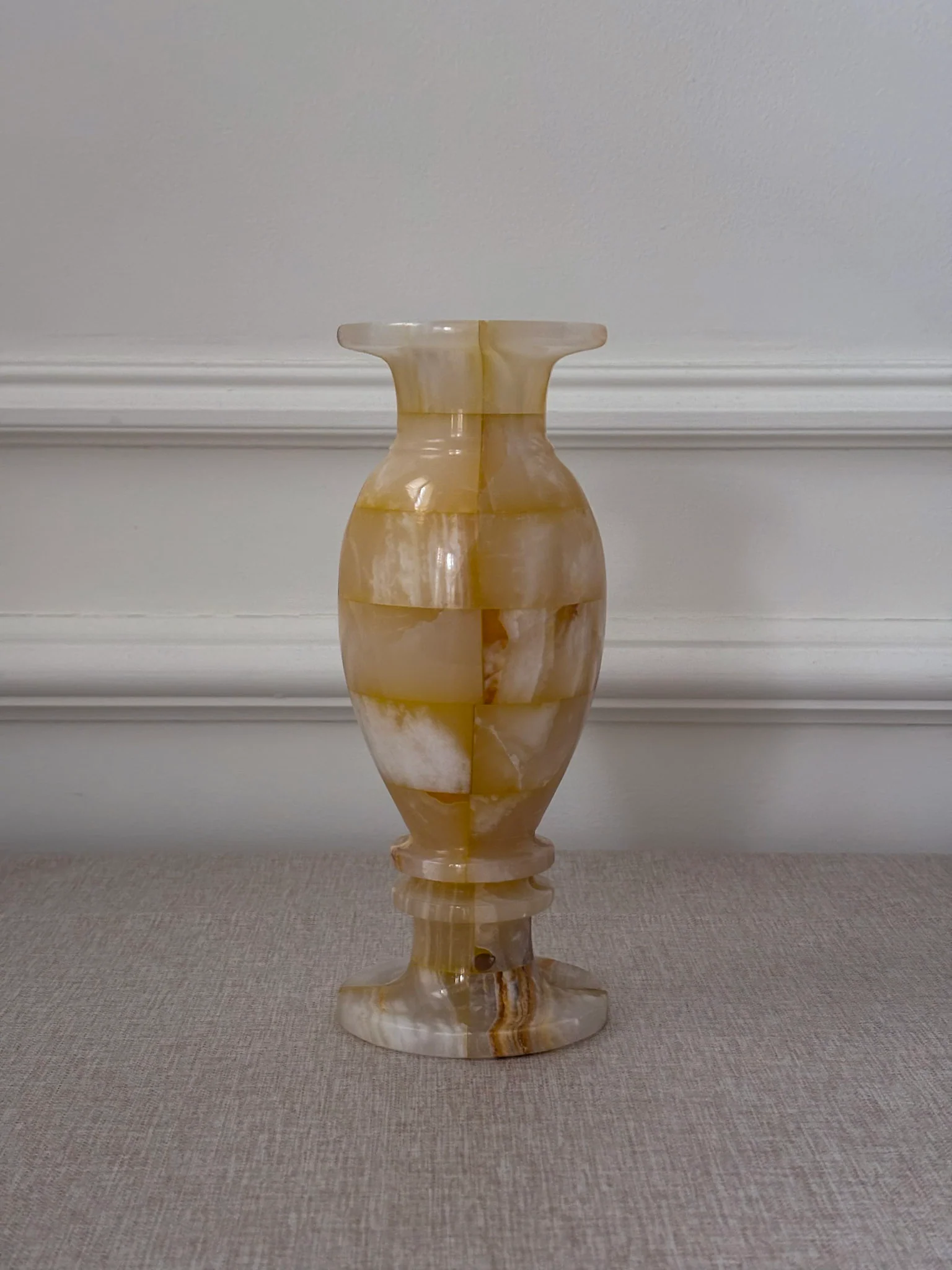 Vintage Butter Yellow Onyx Vase | Sculptural Chequered Stone Vase - Image 3
