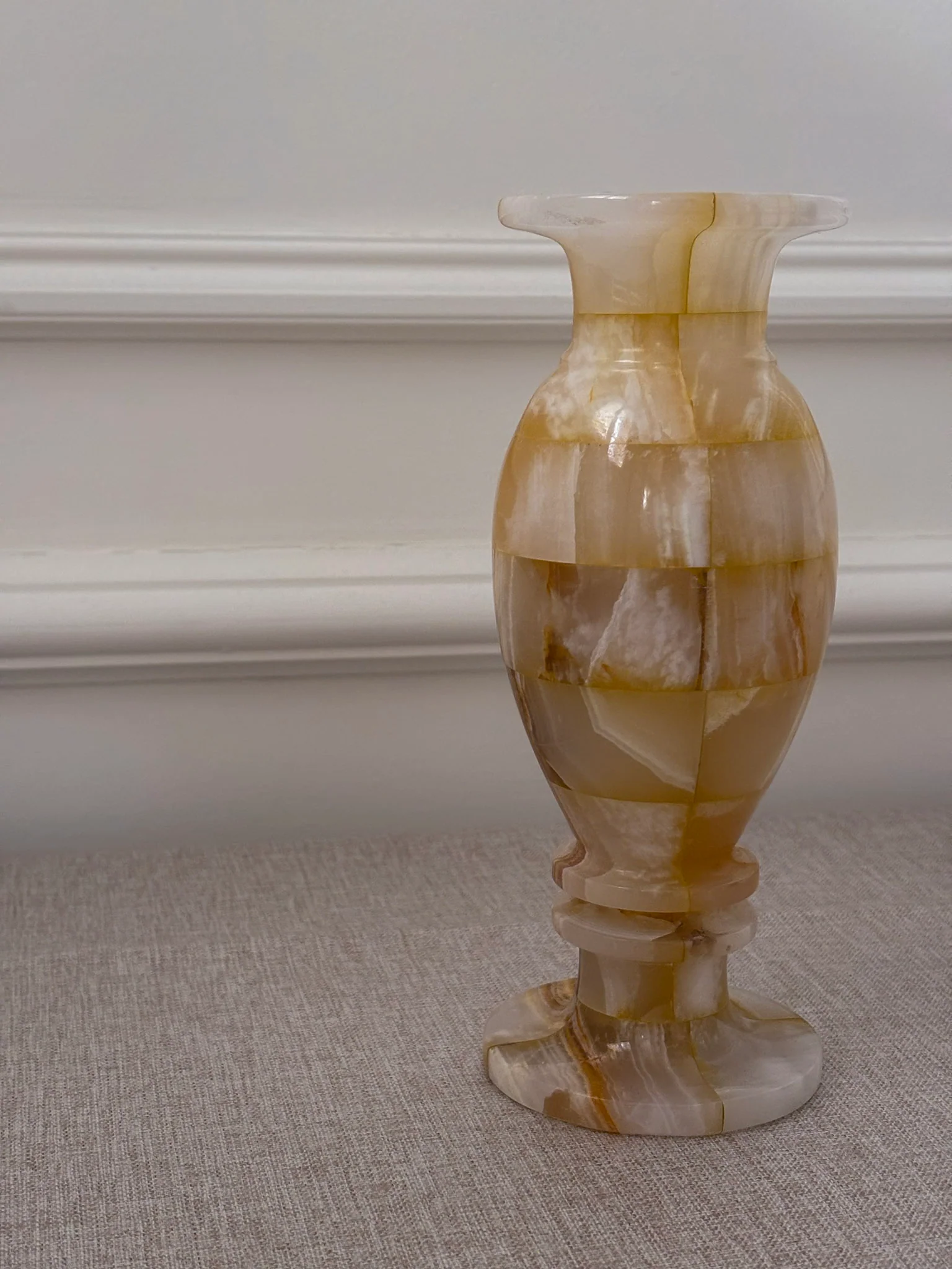 Vintage Butter Yellow Onyx Vase | Sculptural Chequered Stone Vase - Image 4